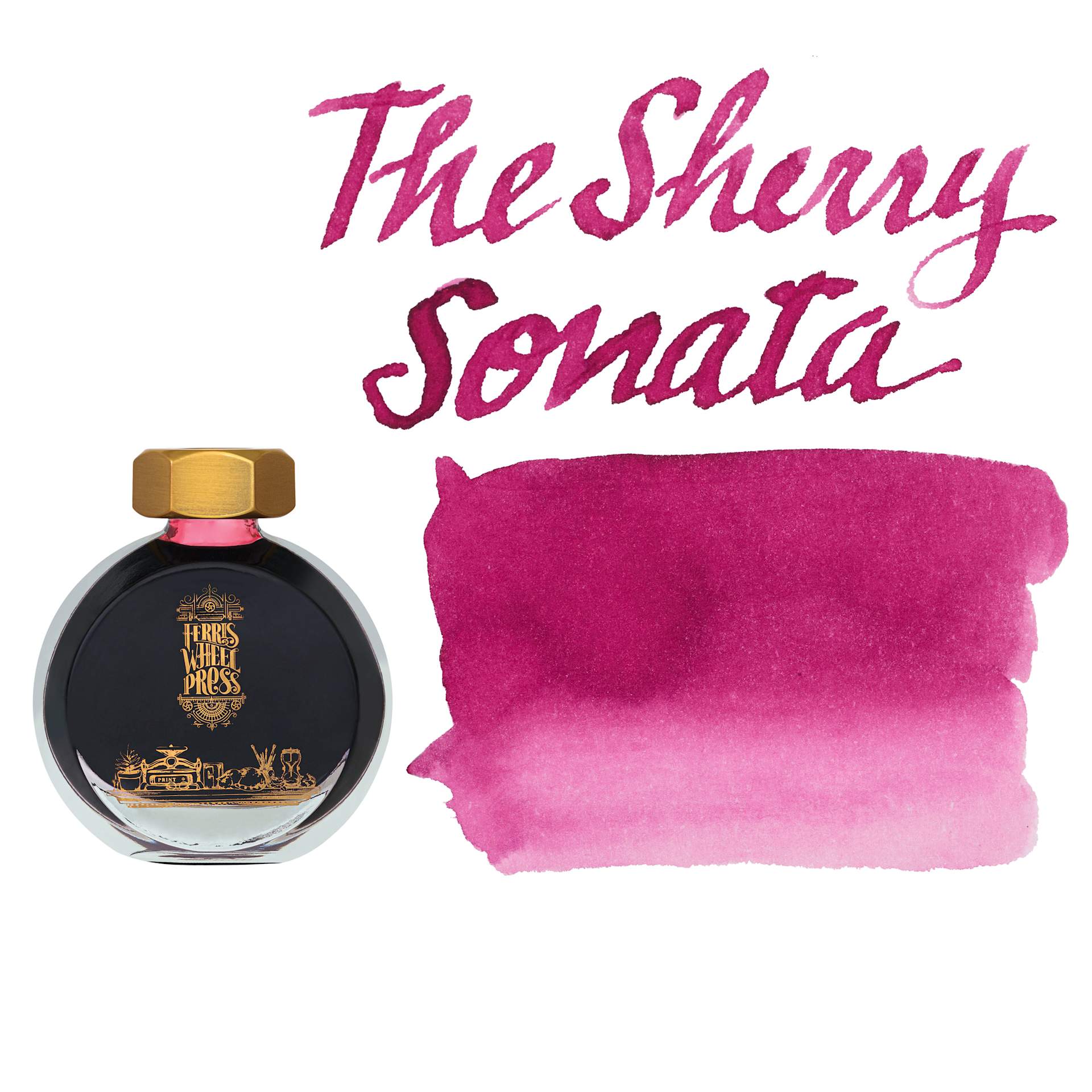 Ferris Wheel Press Fountain Pen Ink - The Sherry Sonata, swatch and bottle