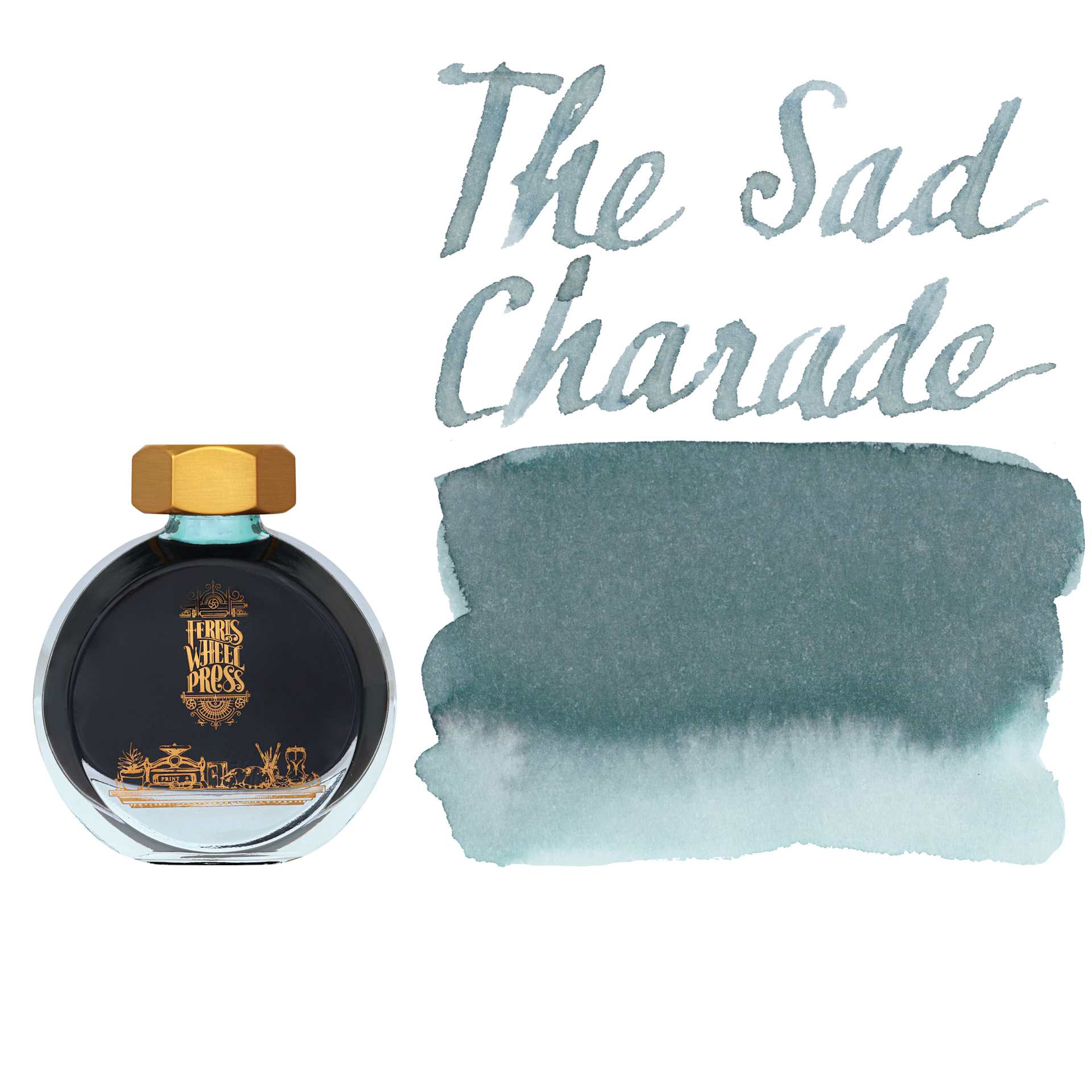 Ferris Wheel Press Fountain Pen Ink - The Sad Charade, swatch and bottle