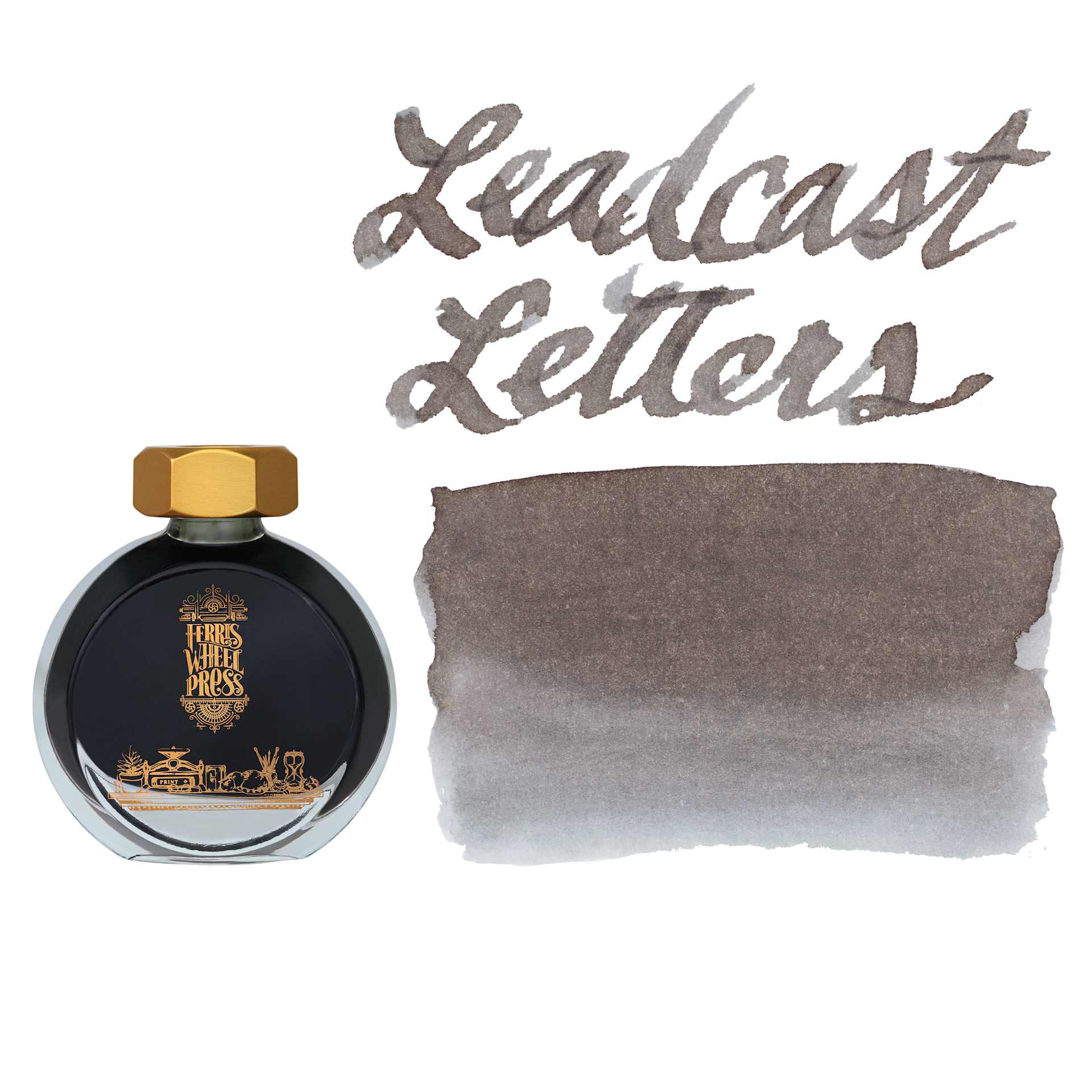 Ferris Wheel Press Fountain Pen Ink - Leadcast Letters, swatch and bottle