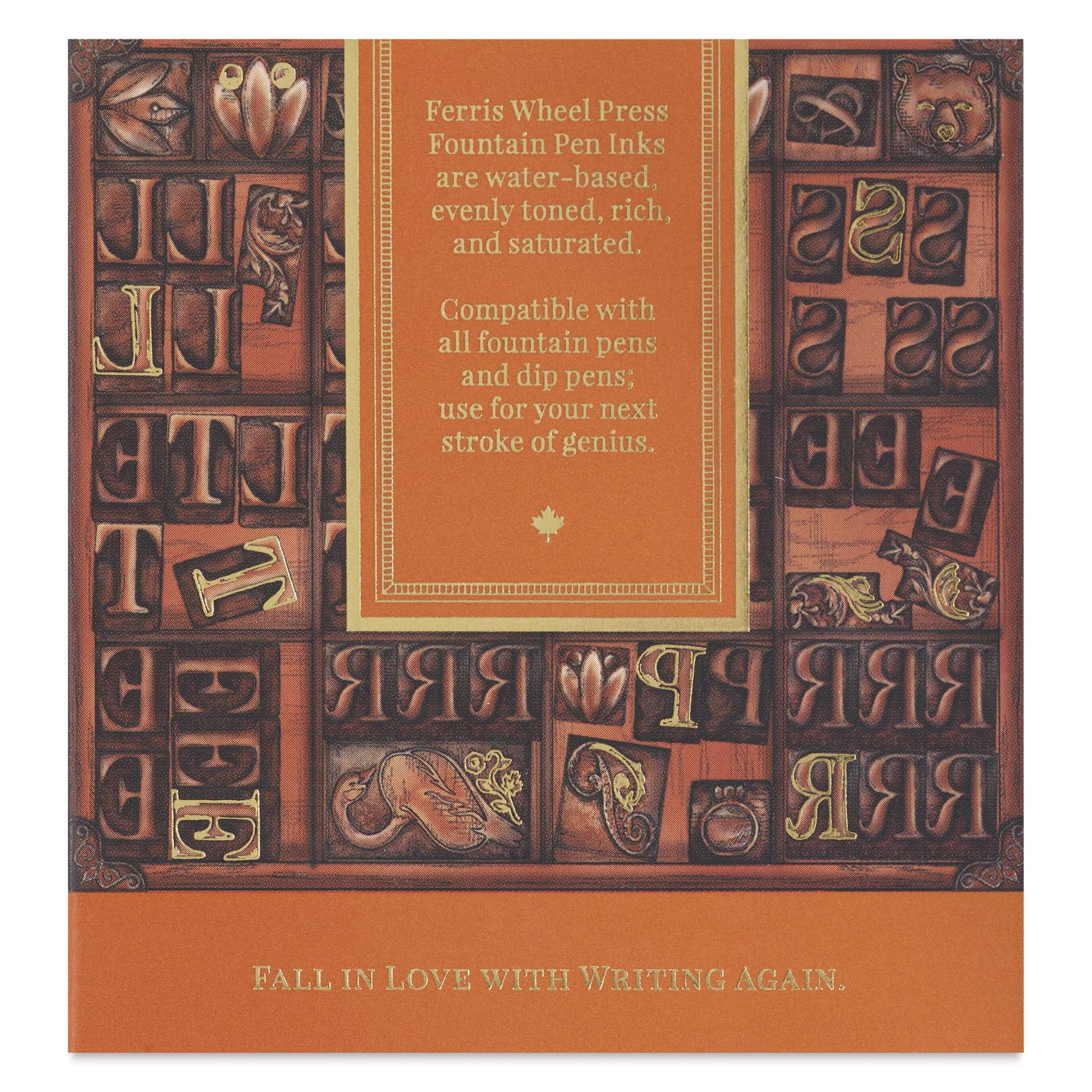 Ferris Wheel Press Fountain Pen Ink - Russet Typecase, 38 ml, back of the packaging