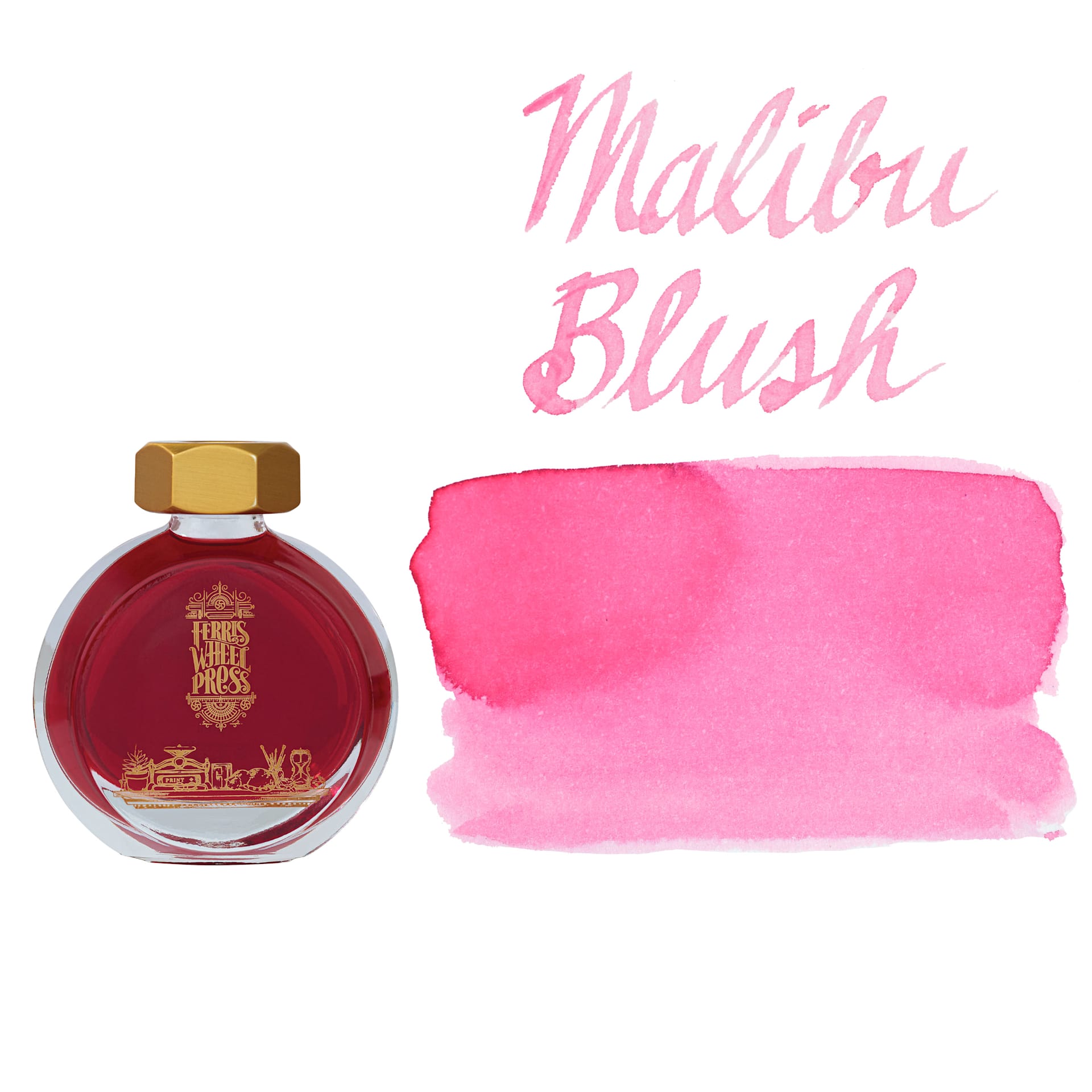 Ferris Wheel Press Fountain Pen Ink - Malibu Blush, swatch and bottle
