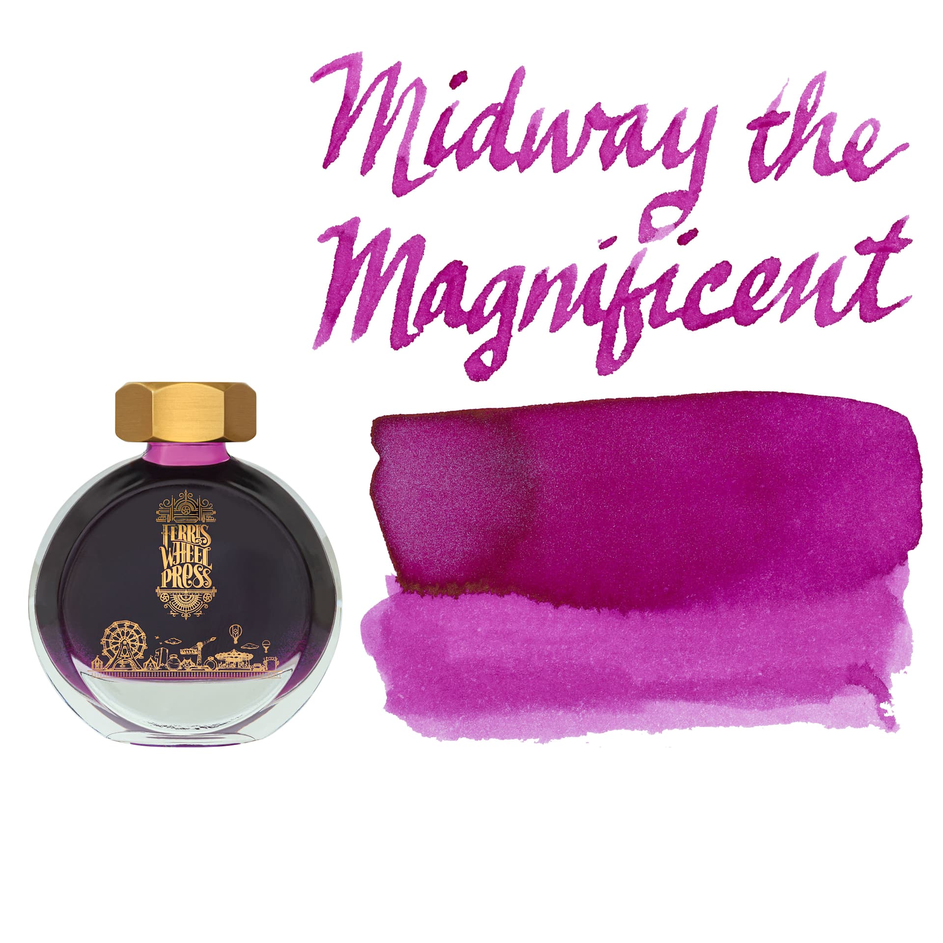 Ferris Wheel Press Fountain Pen Ink - Midway the Magnificent, swatch and bottle