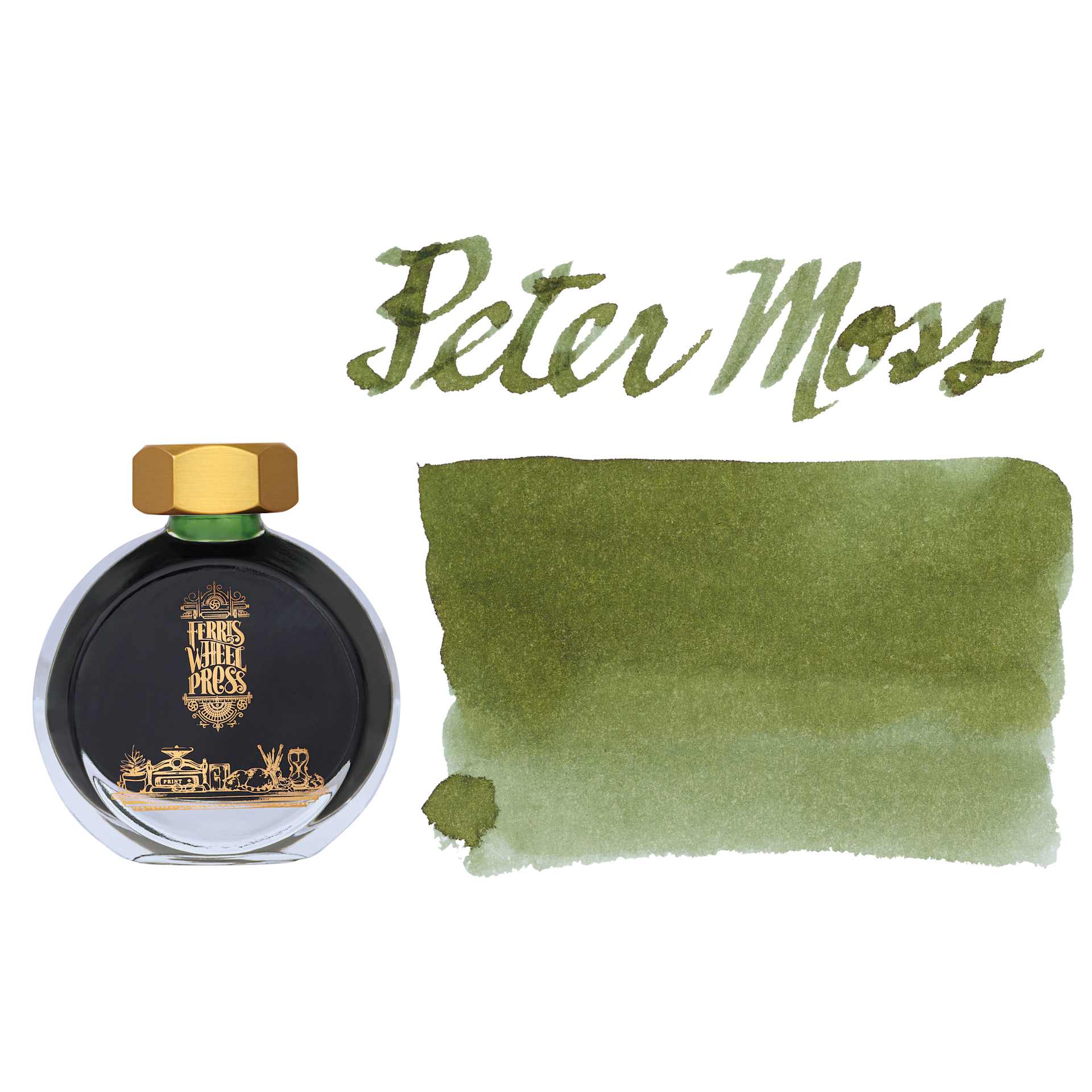 Ferris Wheel Press Fountain Pen Ink - Peter Moss, swatch and bottle