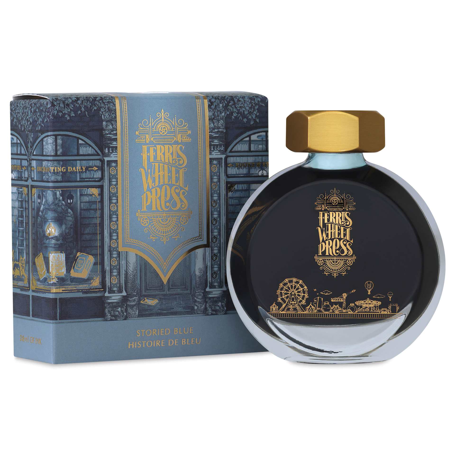 Ferris Wheel Press Fountain Pen Ink - Storied Blue, 38 ml, bottle and packaging