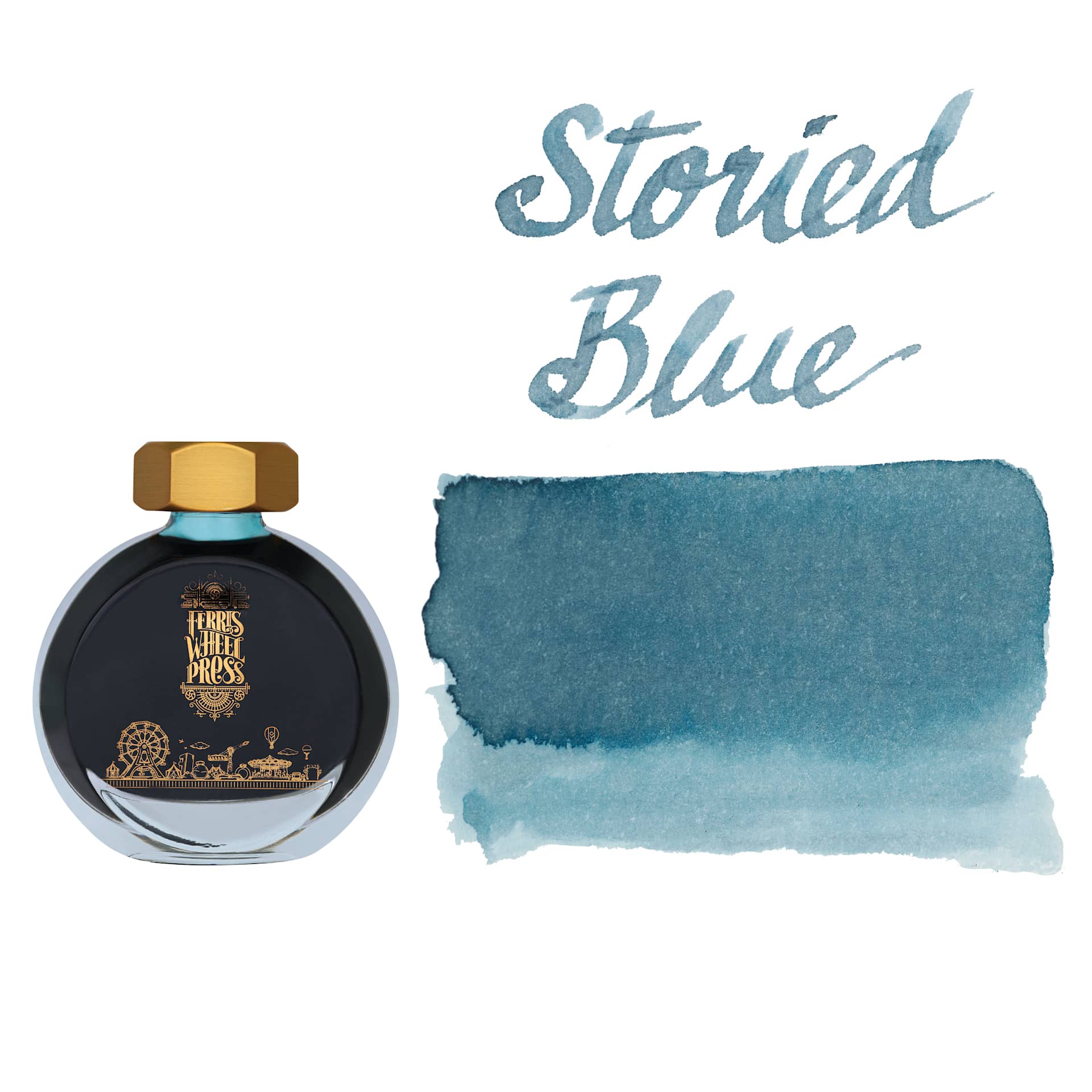 Ferris Wheel Press Fountain Pen Ink - Storied Blue, swatch and bottle