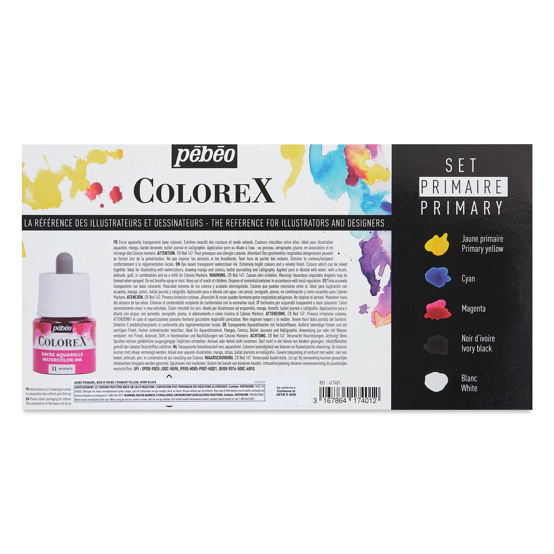 Pebeo Colorex Inks - Set of 5, Primary Colors, 45 ml, back of packaging