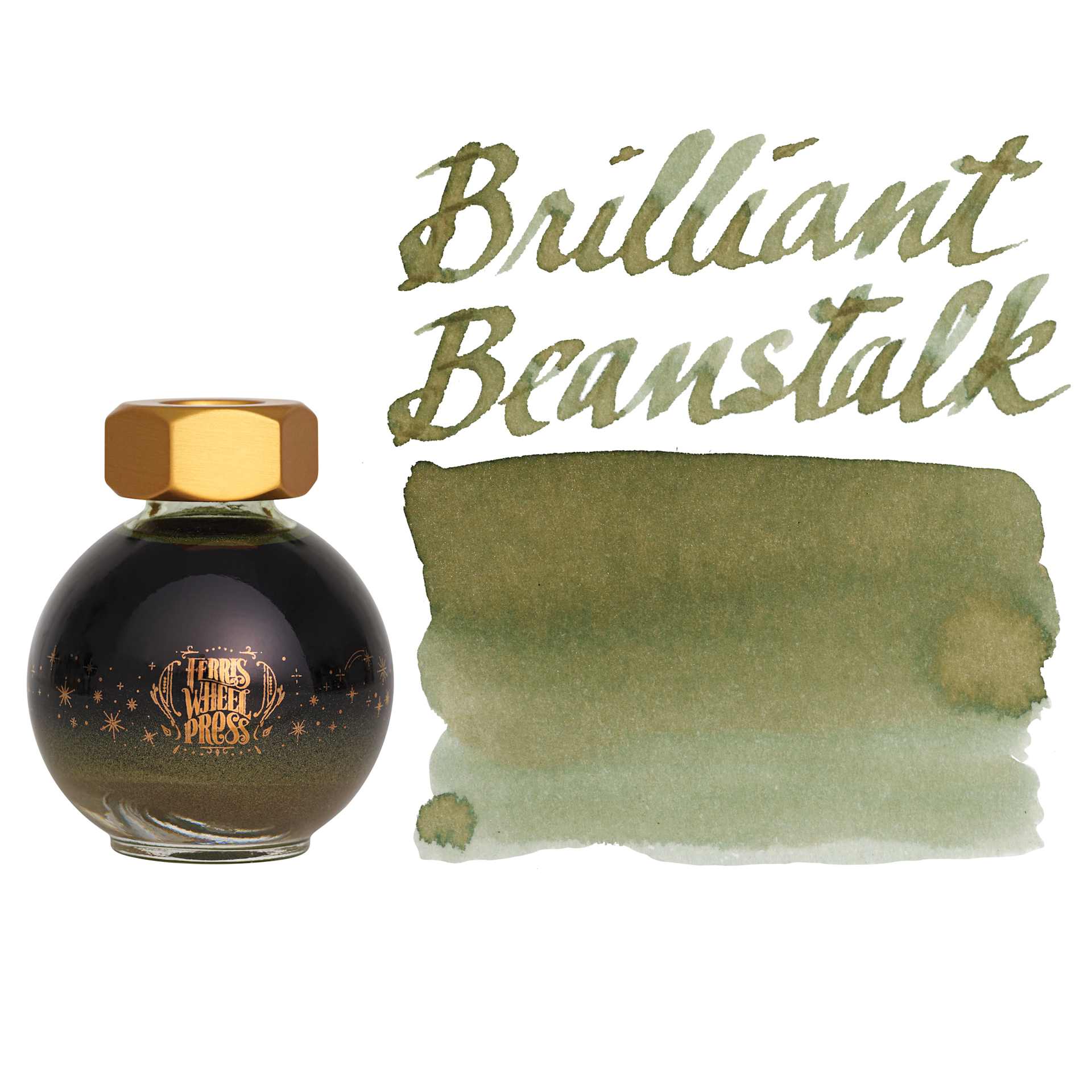 Ferris Wheel Press Ferritales Fountain Pen Ink - Brilliant Beanstalk, swatch and bottle