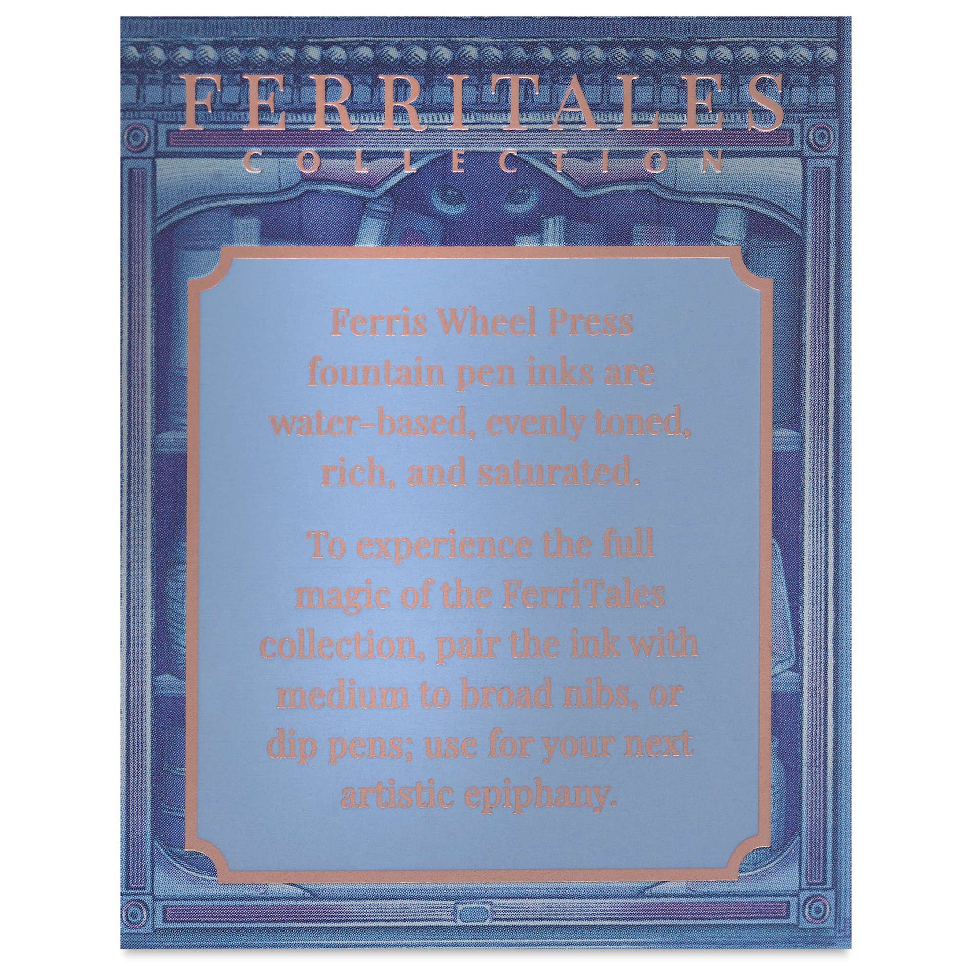 Ferris Wheel Press Ferritales Fountain Pen Ink - Blue Beryl Tonic, text in packaging describing the usage