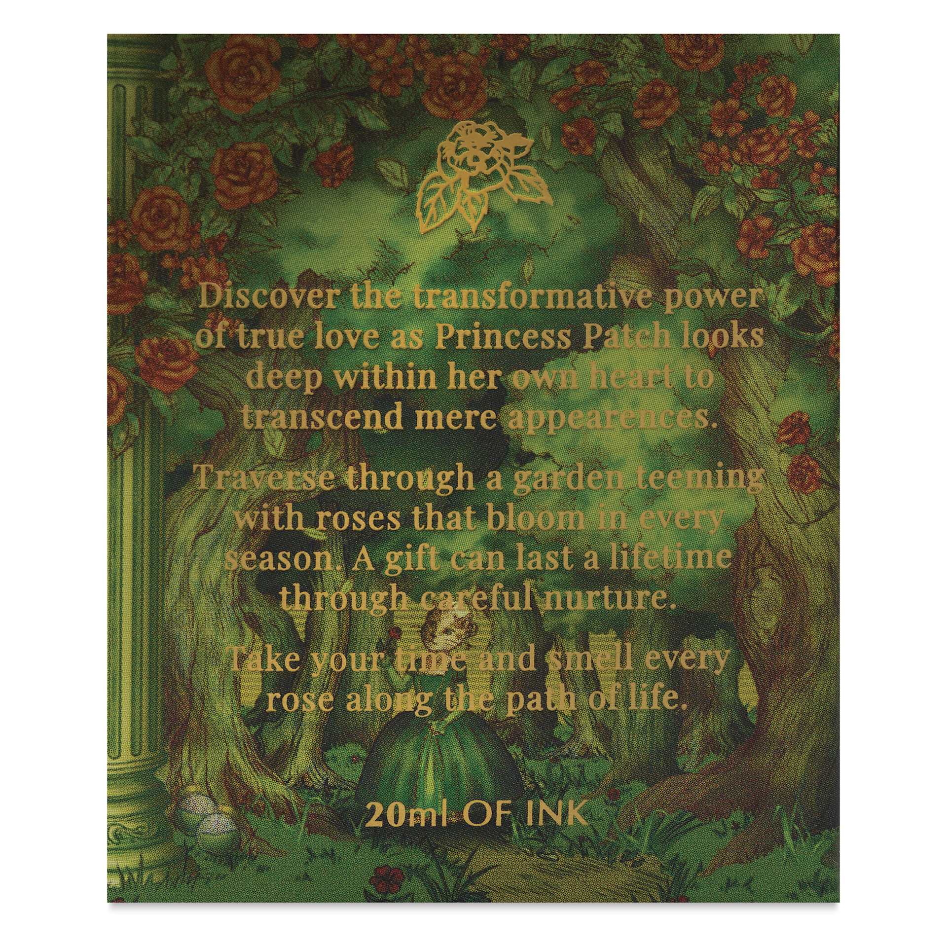 Ferris Wheel Press Ferritales Fountain Pen Ink - Emerald Gardens, text on the side of the packaging