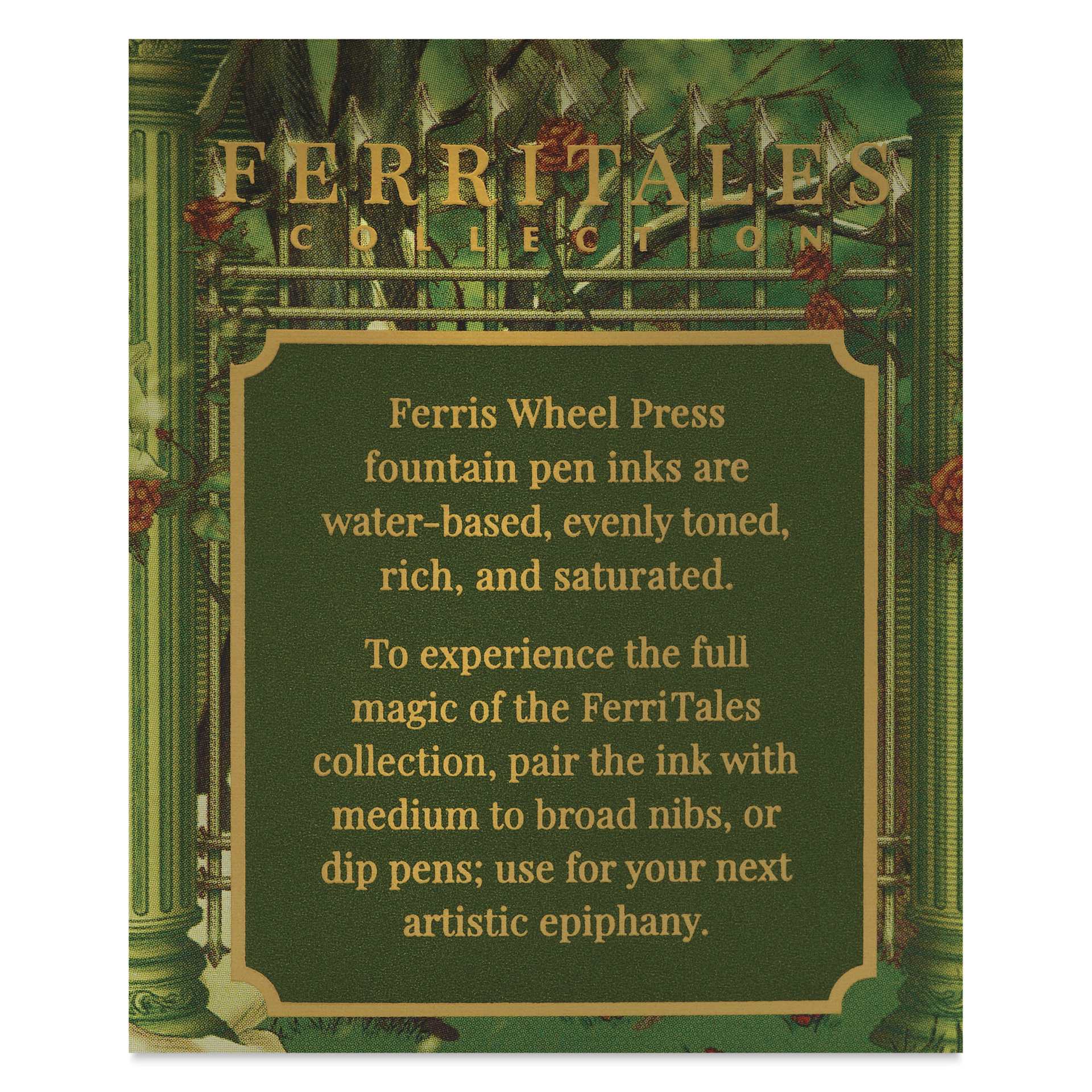 Ferris Wheel Press Ferritales Fountain Pen Ink - Emerald Gardens, text in packaging describing the usage