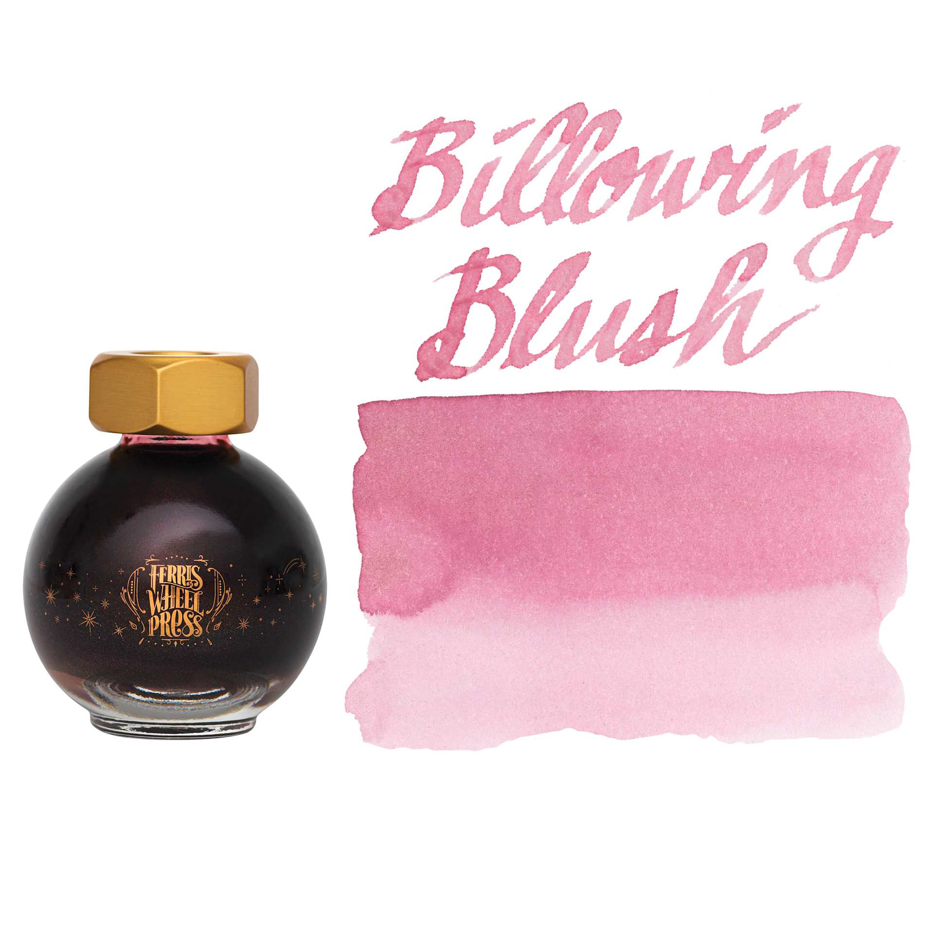 Ferris Wheel Press Ferritales Fountain Pen Ink - Billowing Blush, swatch and bottle