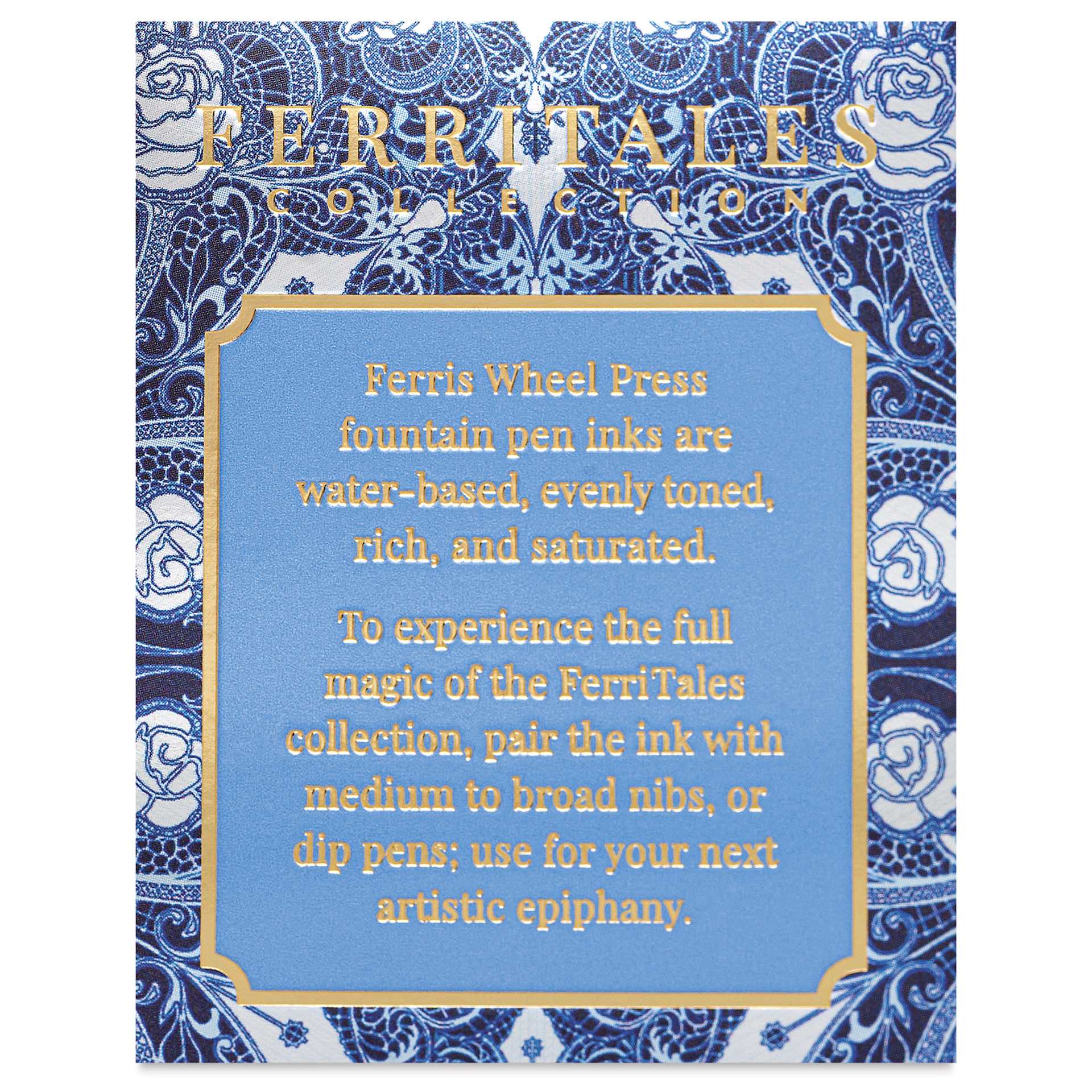 Ferris Wheel Press Ferritales Fountain Pen Ink - Valiant Blue, text in packaging describing the usage