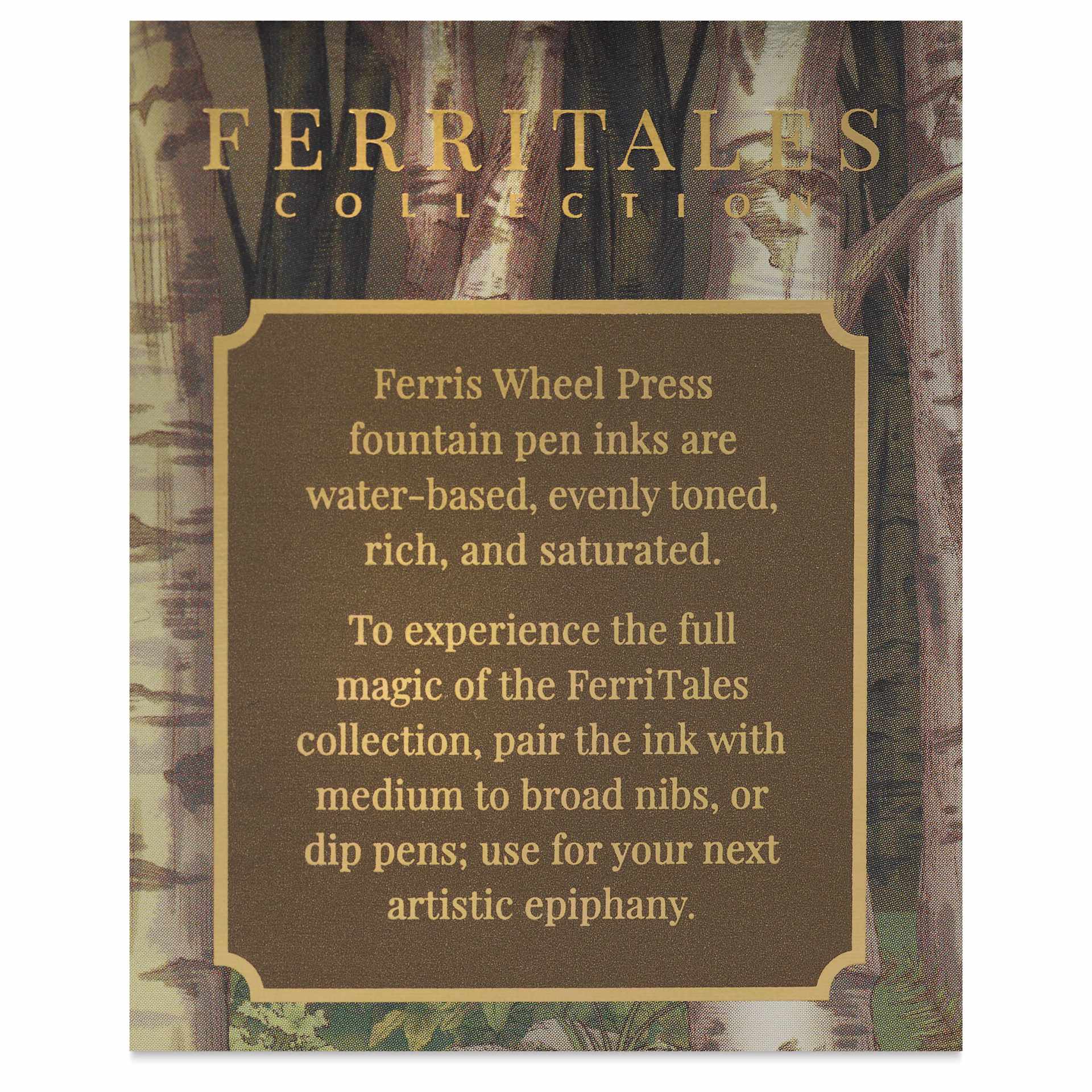Ferris Wheel Press Ferritales Fountain Pen Ink - Curious Woods, text in packaging describing the usage