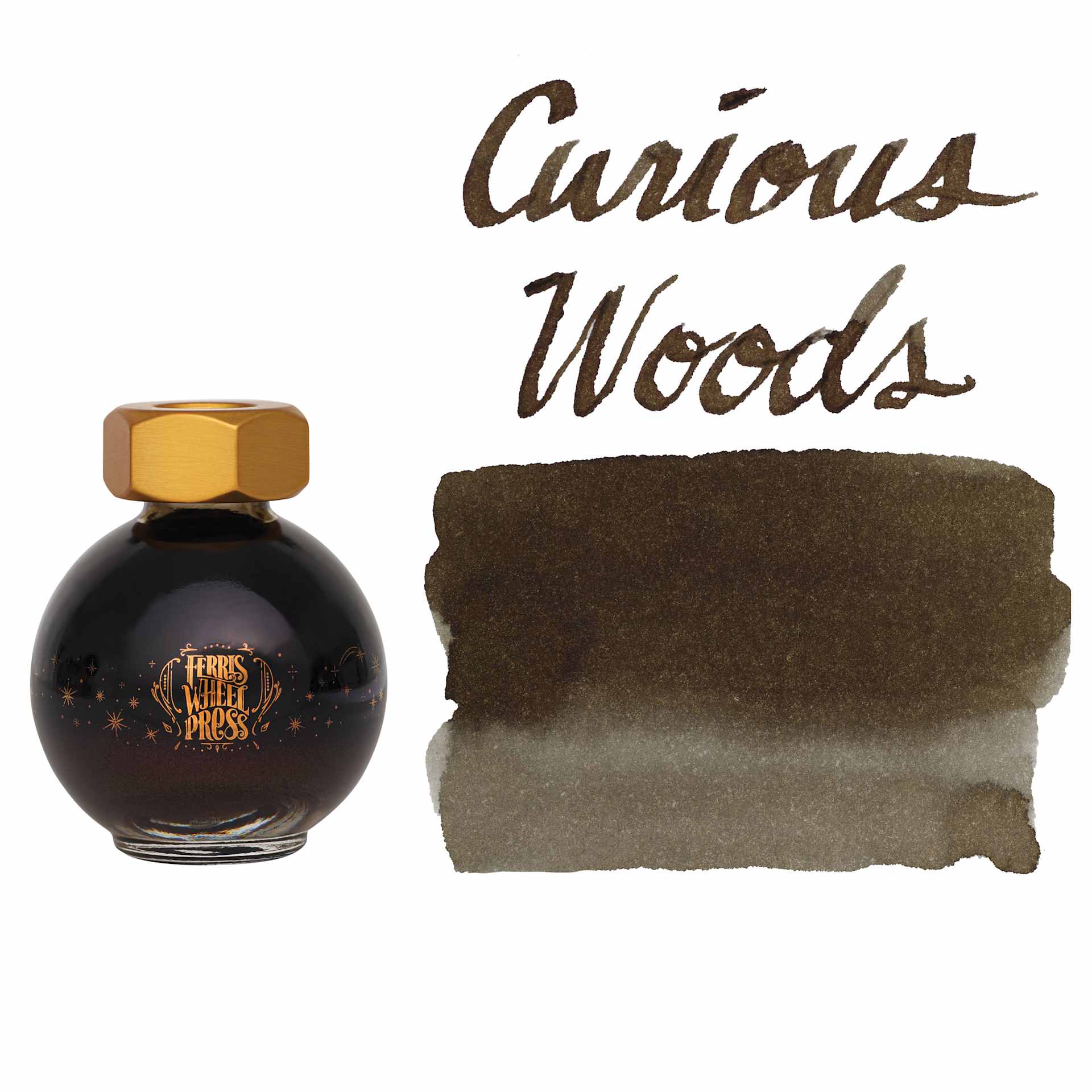 Ferris Wheel Press Ferritales Fountain Pen Ink - Curious Woods, swatch and bottle