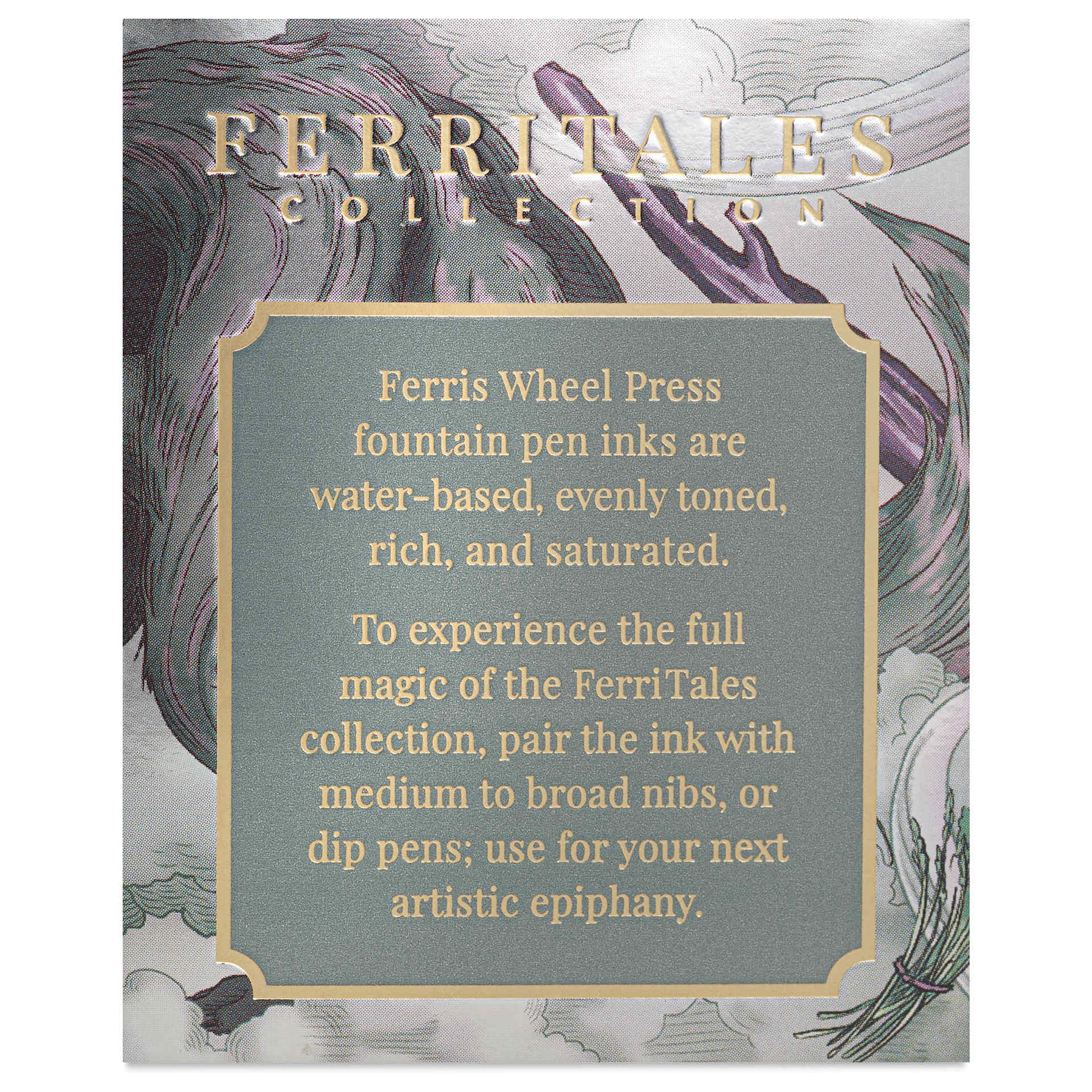 Ferris Wheel Press Ferritales Fountain Pen Ink - Galeforce Green, text in packaging describing the usage