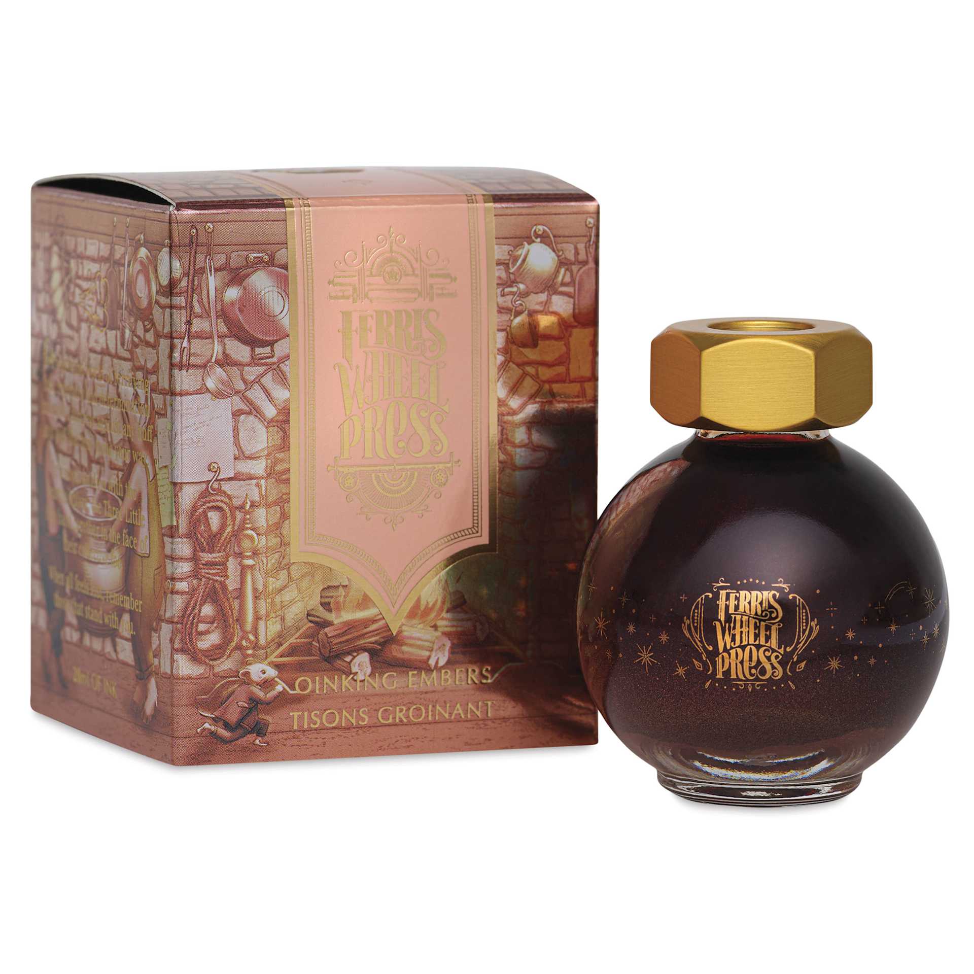 Ferris Wheel Press Ferritales Fountain Pen Ink - Oinking Embers, 20 ml, bottle and packaging