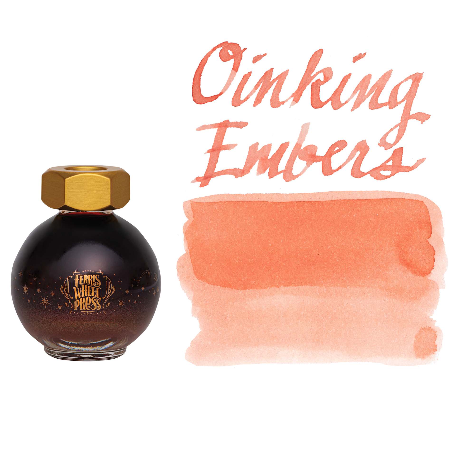 Ferris Wheel Press Ferritales Fountain Pen Ink - Oinking Embers, swatch and bottle