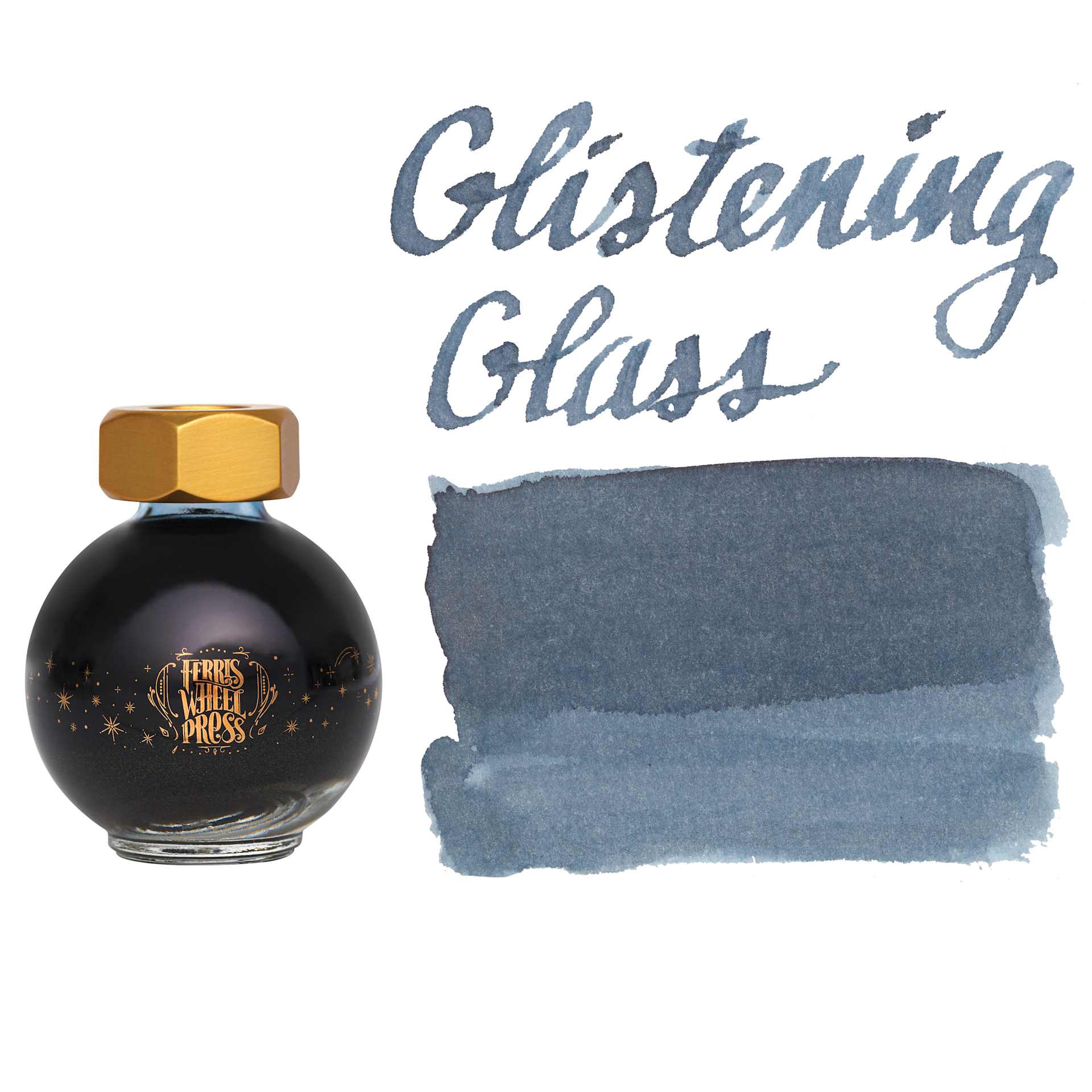Ferris Wheel Press Ferritales Fountain Pen Ink - Glistening Glass, swatch and bottle