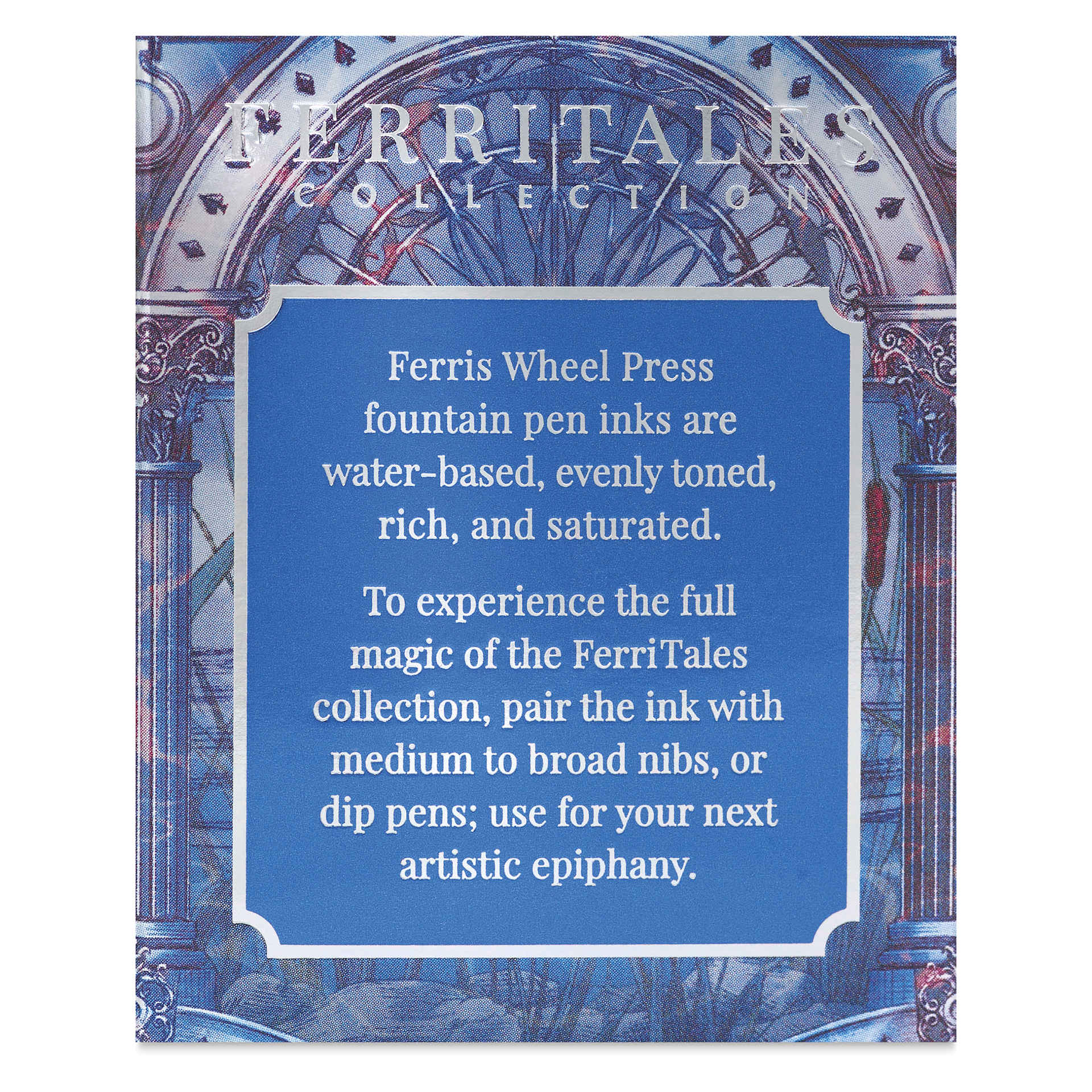 Ferris Wheel Press Ferritales Fountain Pen Ink - Tears of Sapphire, text in packaging describing the usage