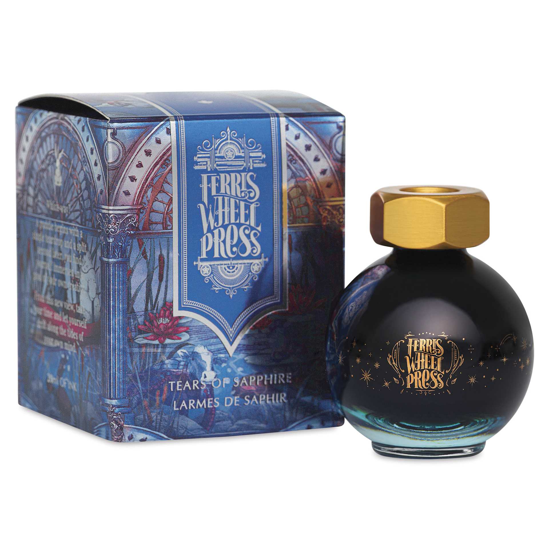 Ferris Wheel Press Ferritales Fountain Pen Ink - Tears of Sapphire, 20 ml, bottle and packaging