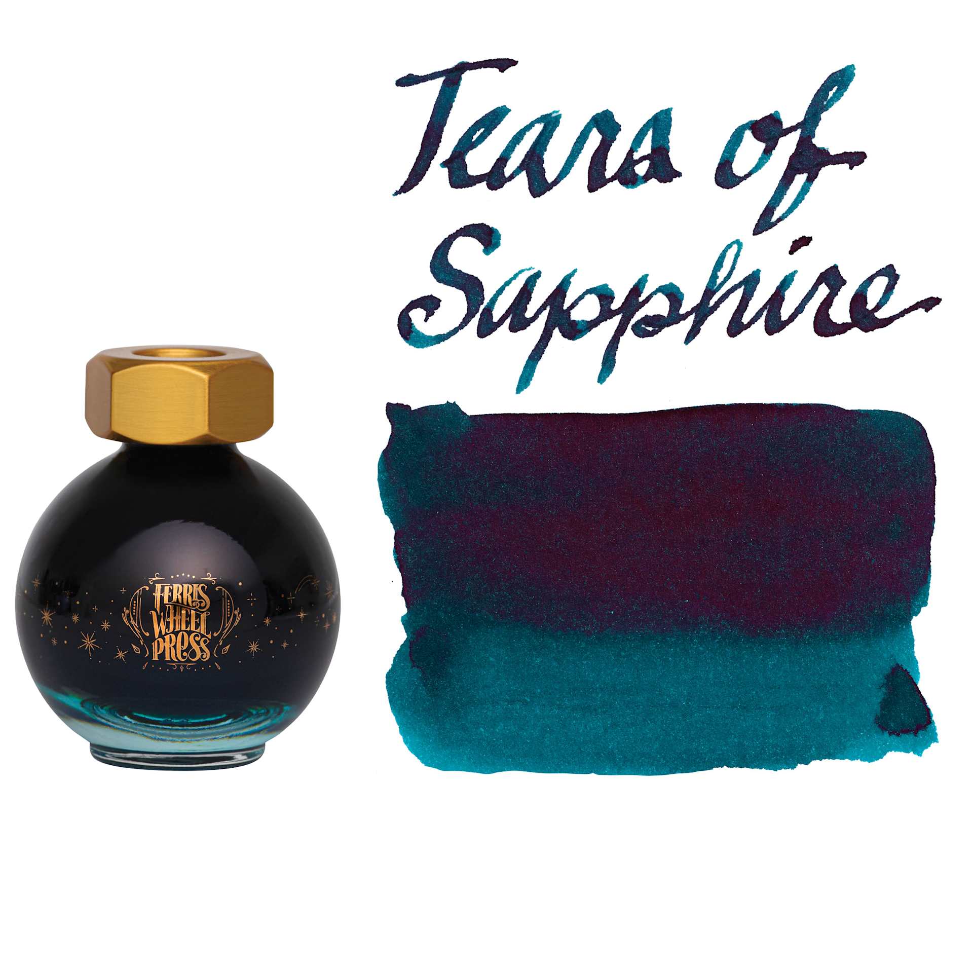 Ferris Wheel Press Ferritales Fountain Pen Ink - Tears of Sapphire, swatch and bottle