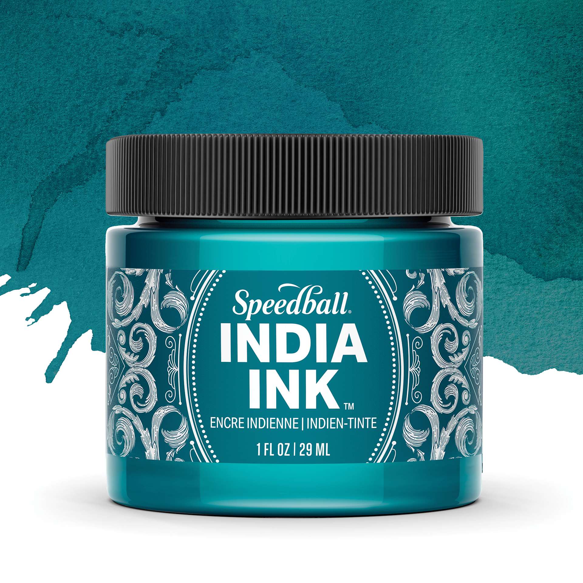 Speedball India Ink - Teal Agate, 1 oz, jar with swatch