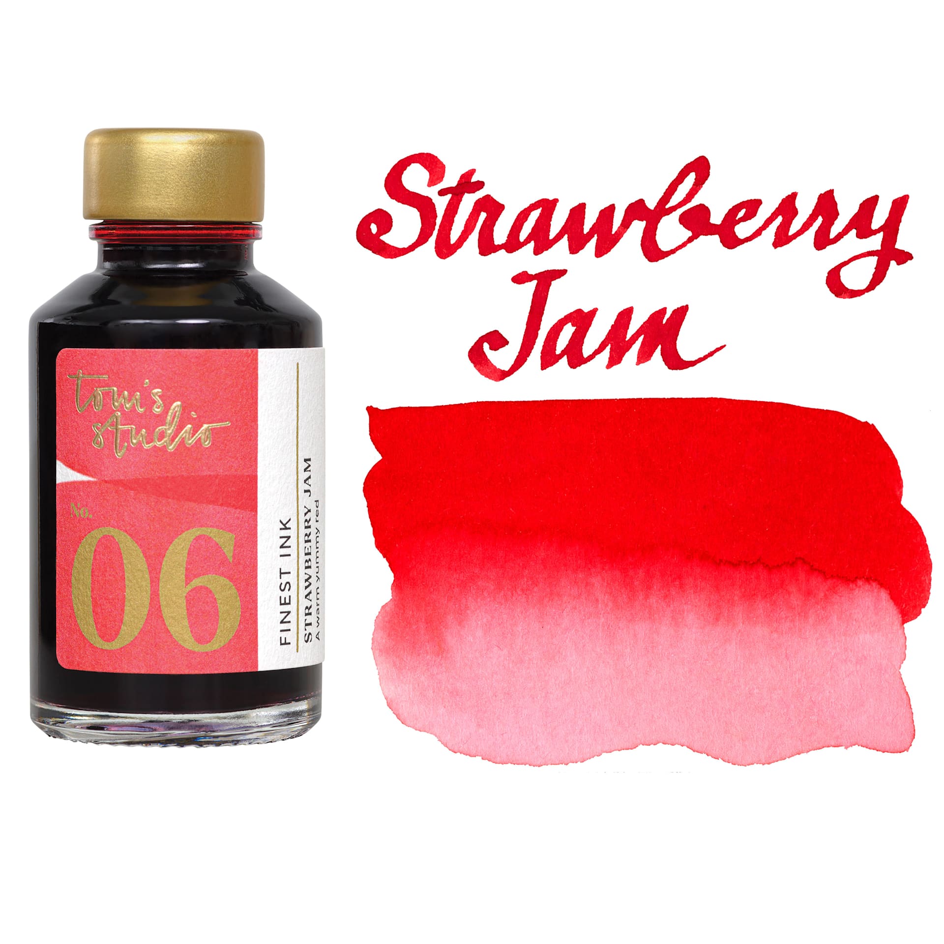 Tom's Studio Fountain Pen Ink - 50 ml, Strawberry Jam, bottle with swatch