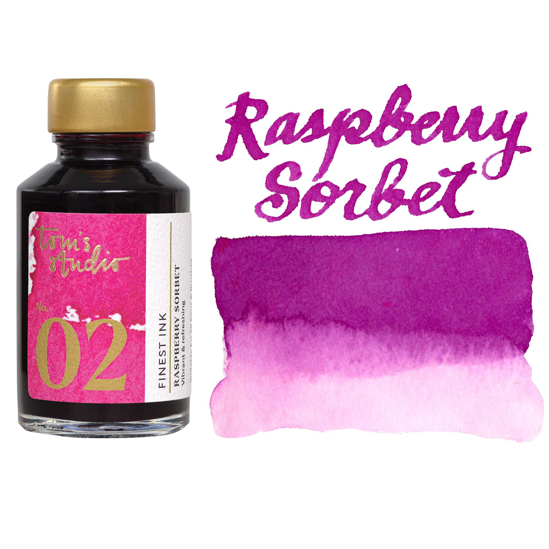 Tom's Studio Fountain Pen Ink - 50 ml, Raspberry Sorbet, bottle with swatch