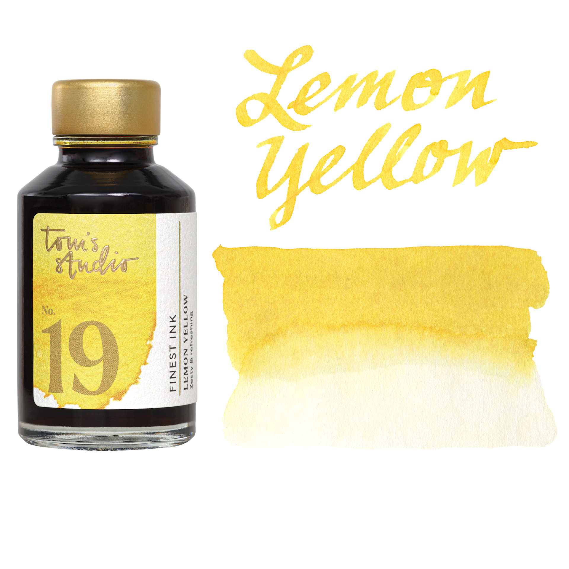 Tom's Studio Fountain Pen Ink - 50 ml, Lemon Yellow, bottle with swatch