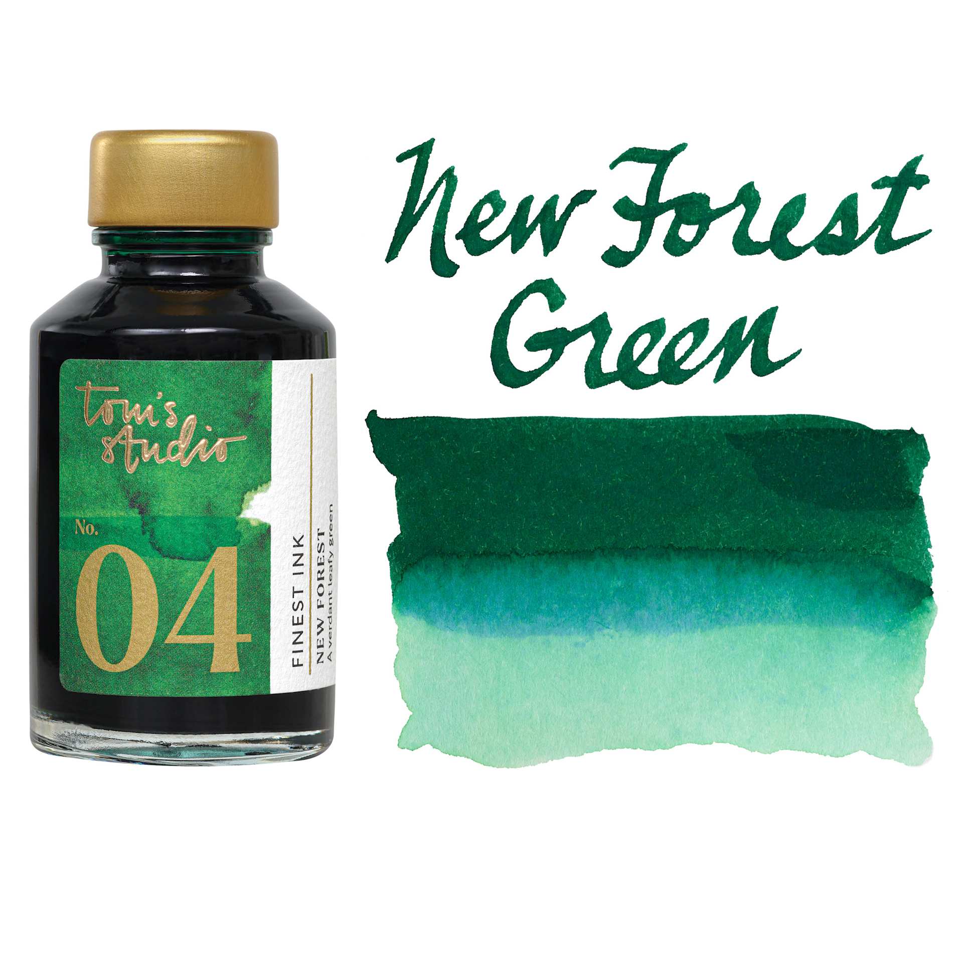 Tom's Studio Fountain Pen Ink - 50 ml, New Forest Green, bottle with swatch