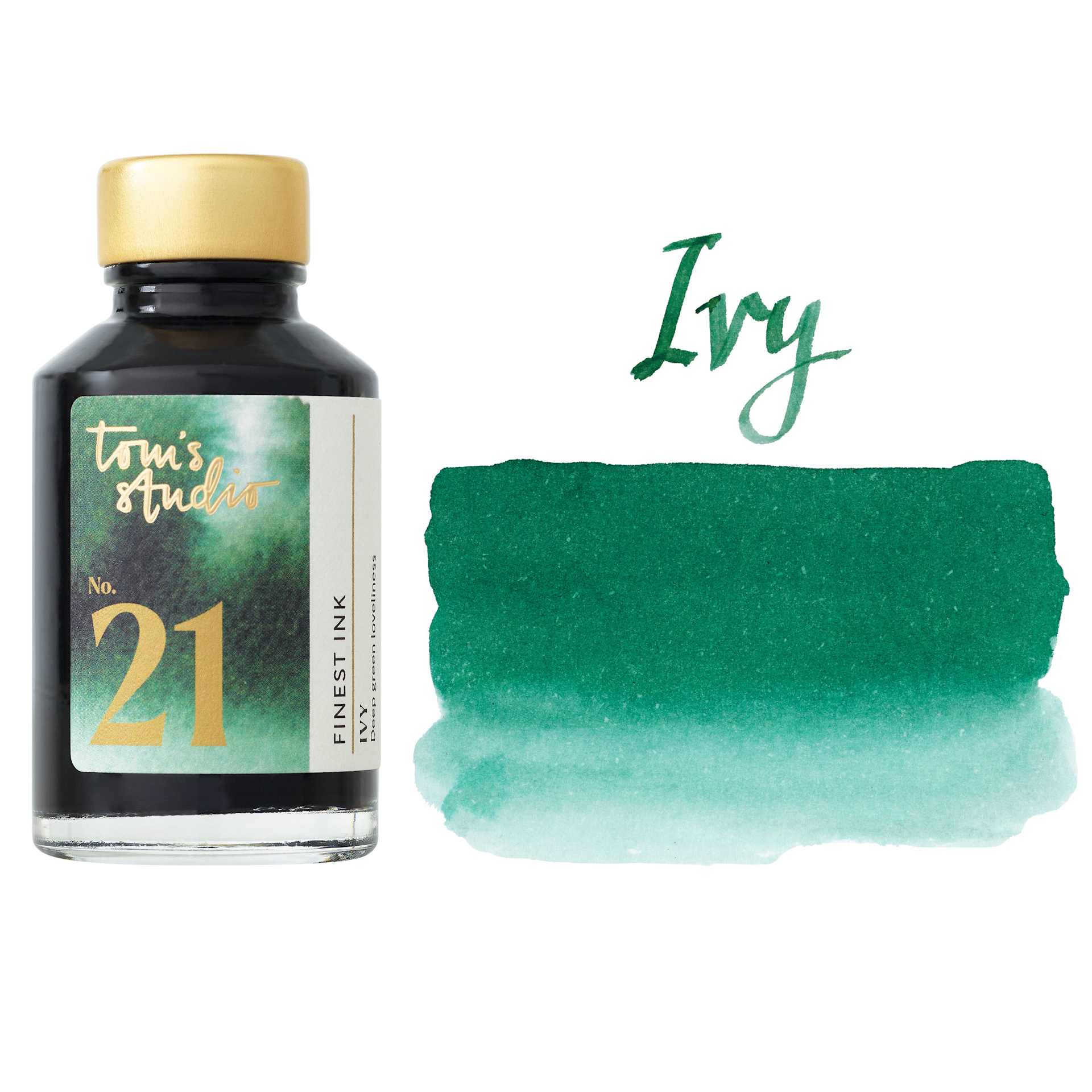 Tom's Studio Fountain Pen Ink - 50 ml, Ivy, bottle with swatch