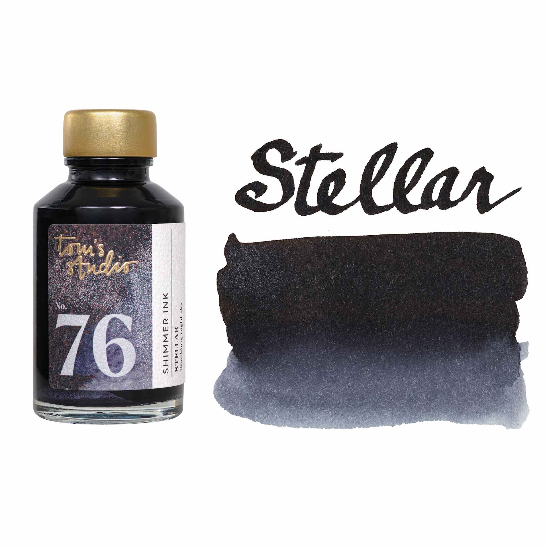 Tom's Studio Shimmer Fountain Pen Ink - Stellar, swatch and jar