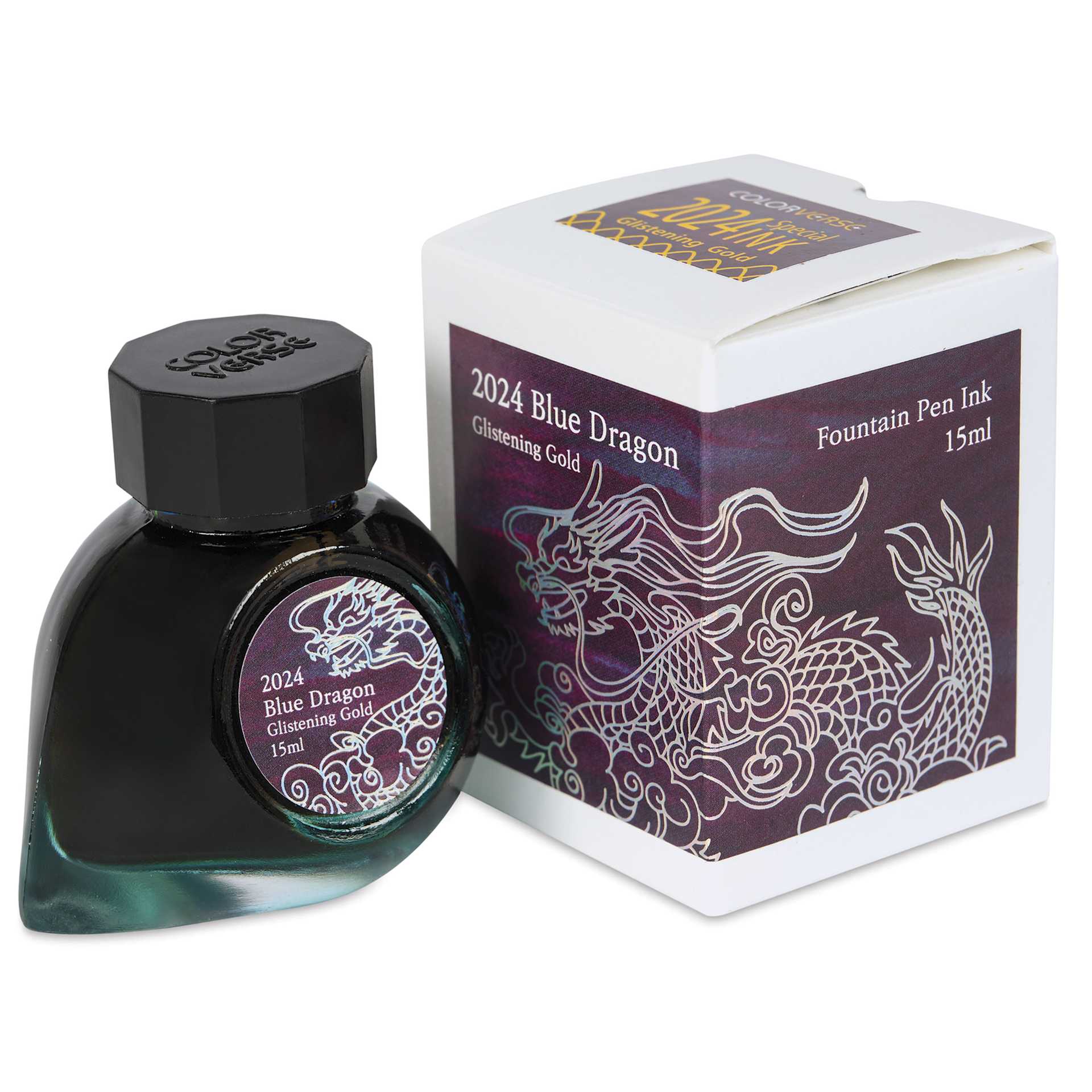 Colorverse Blue Dragon Fountain Pen Ink - Glistening Gold, 15 ml, jar next to the packaging box