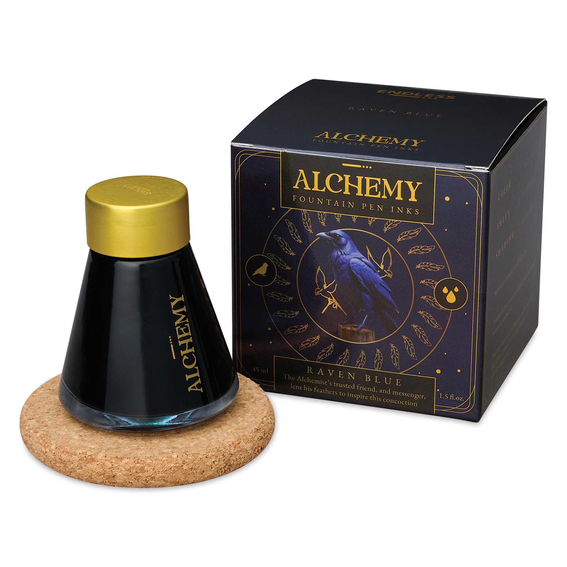 Endless Alchemy Fountain Pen Ink - Raven Blue, 45 ml bottle and packaging