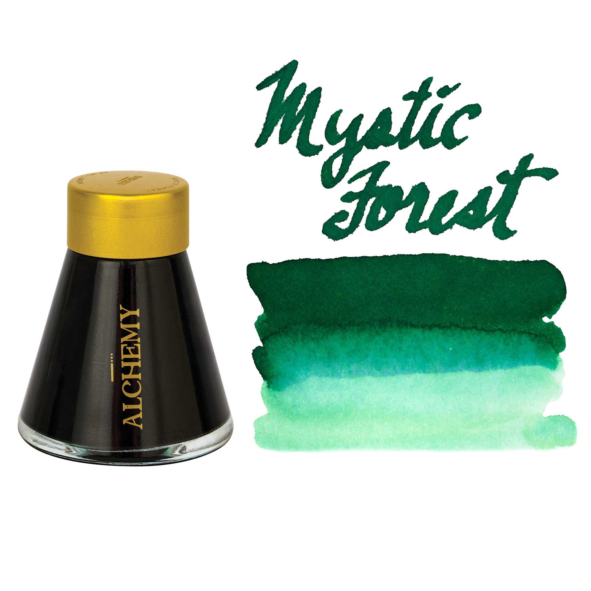 Endless Alchemy Fountain Pen Ink - Mystic Forest, swatch and bottle