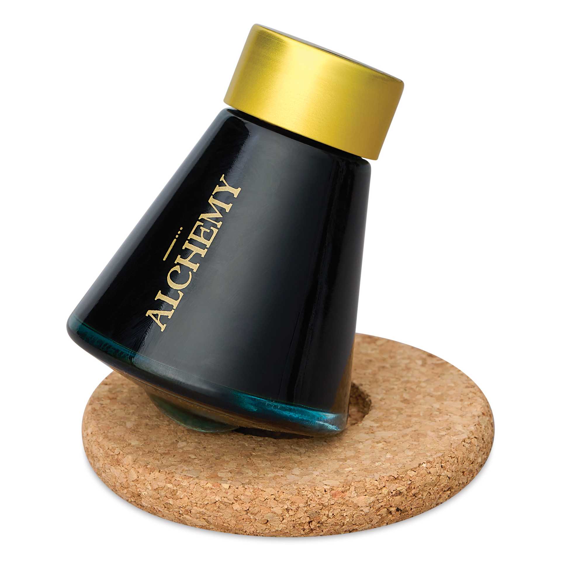 Endless Alchemy Fountain Pen Ink - Poseidon's Reef, 45 ml bottle tilted on cork base