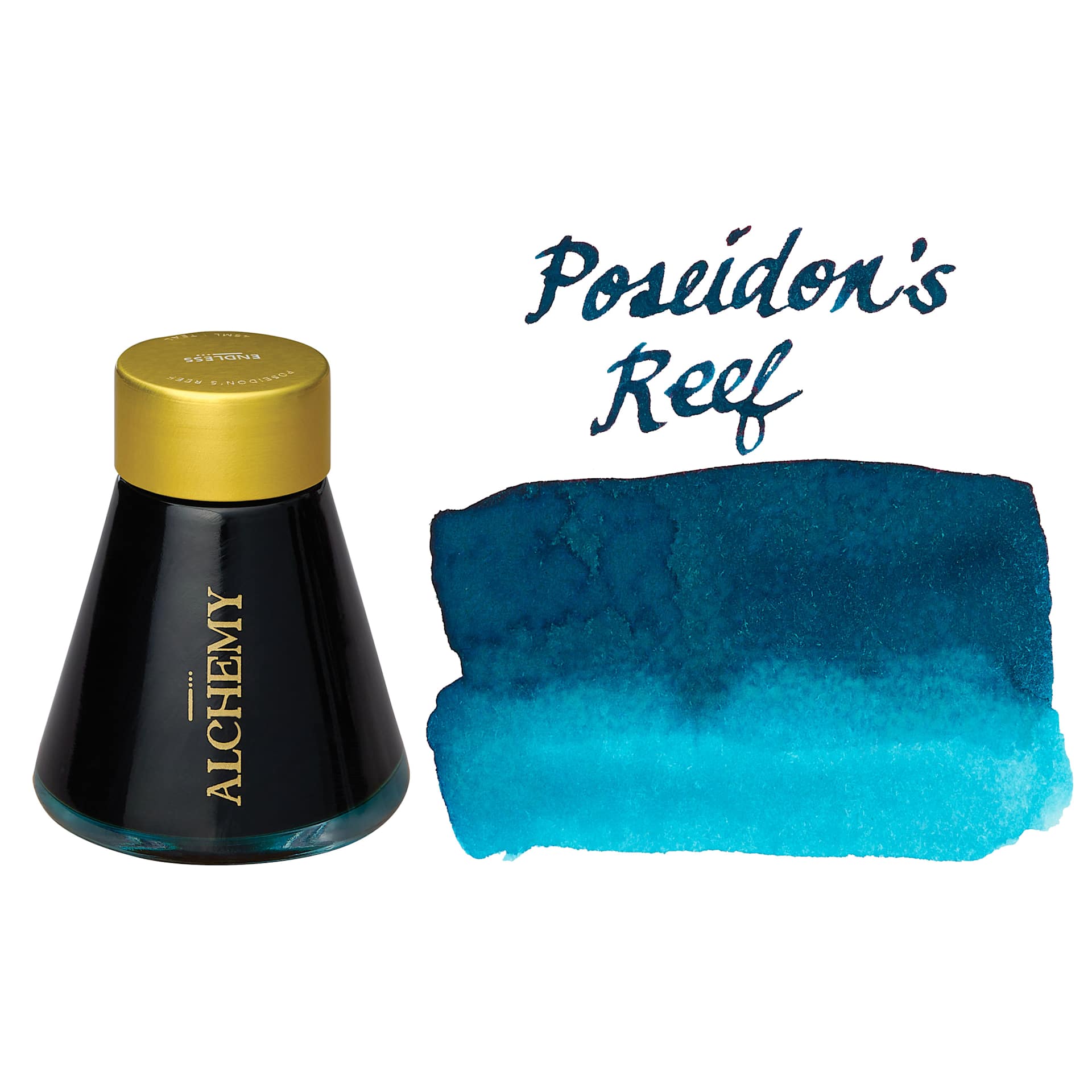 Endless Alchemy Fountain Pen Ink - Poseidon's Reef, 45 ml bottle with swatch