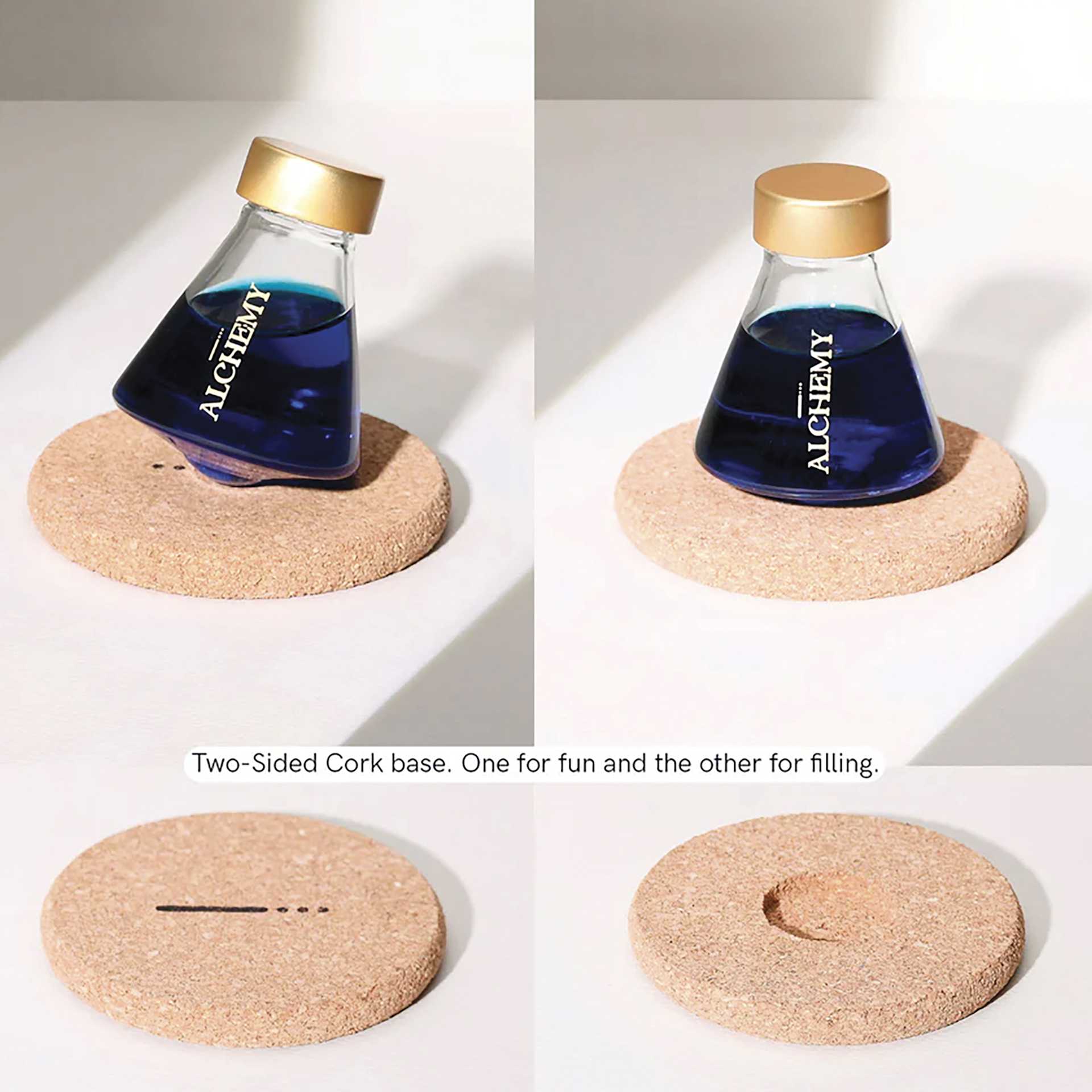 Endless Alchemy Fountain Pen Inks, double sided cork base shown supporting a bottle on its side and straight