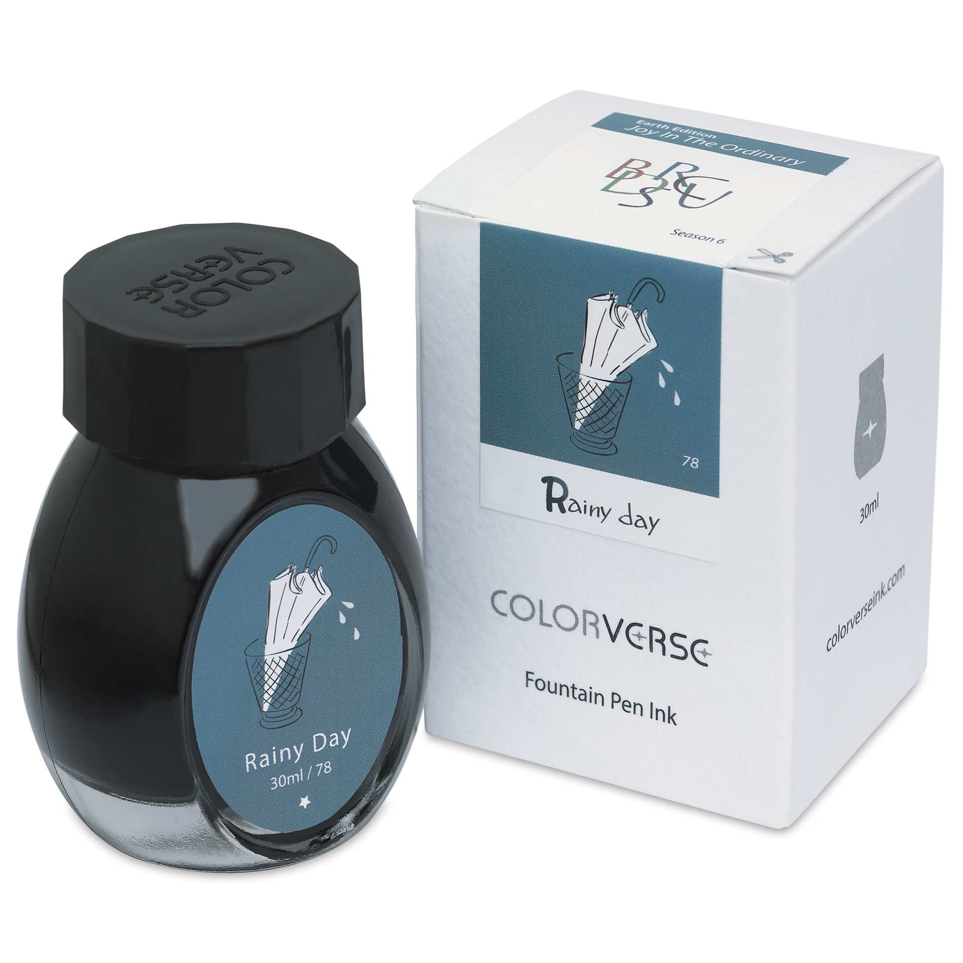 Colorverse Joy in the Ordinary Fountain Pen Ink - 78 Rainy Day, jar next to packaging box