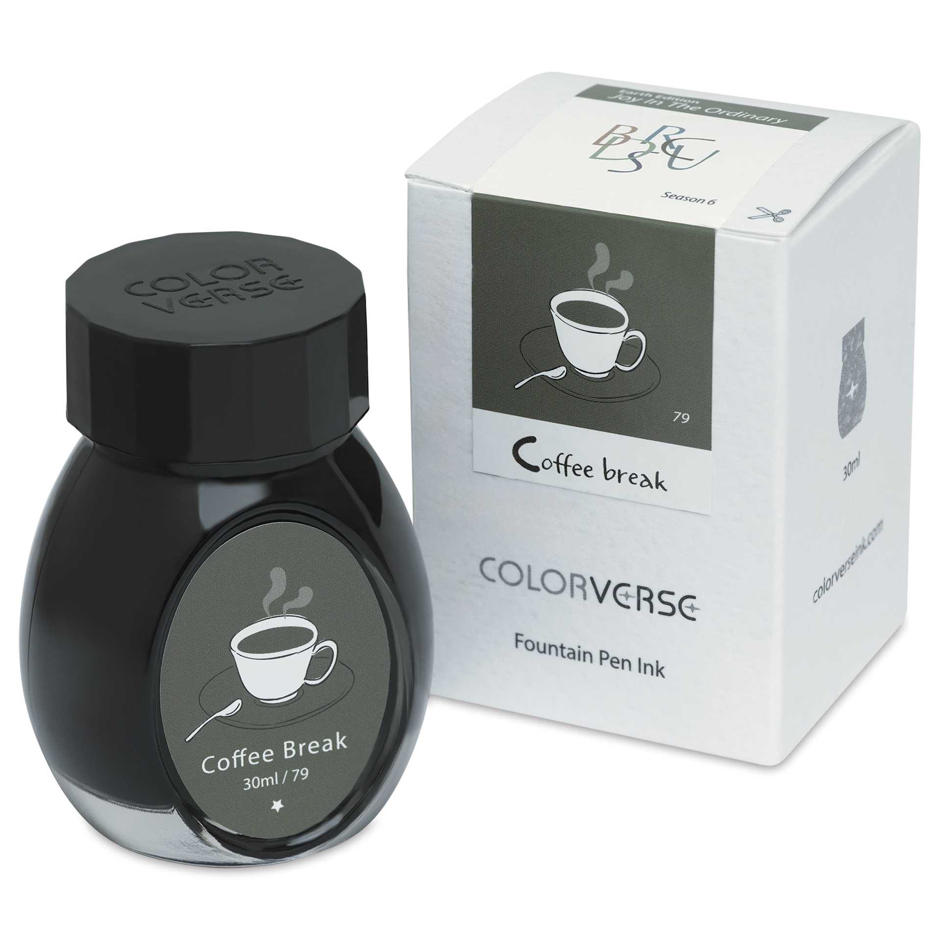 Colorverse Joy in the Ordinary Fountain Pen Ink - 79 Coffee Break, jar next to packaging