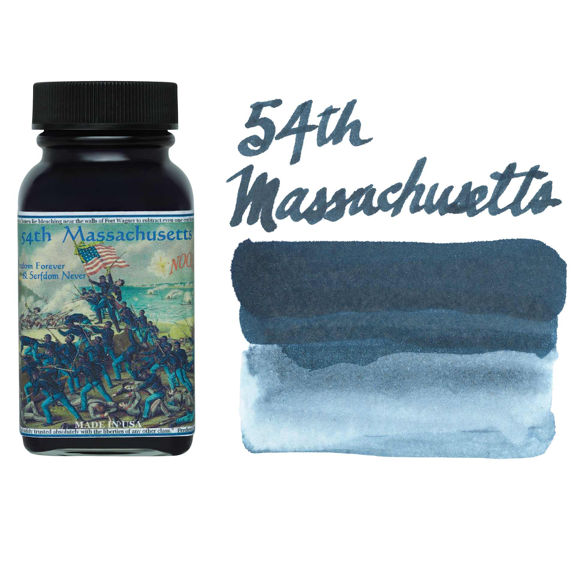 Noodler's Ink Fountain Pen Ink - 54th Massachusetts, swatch and bottle