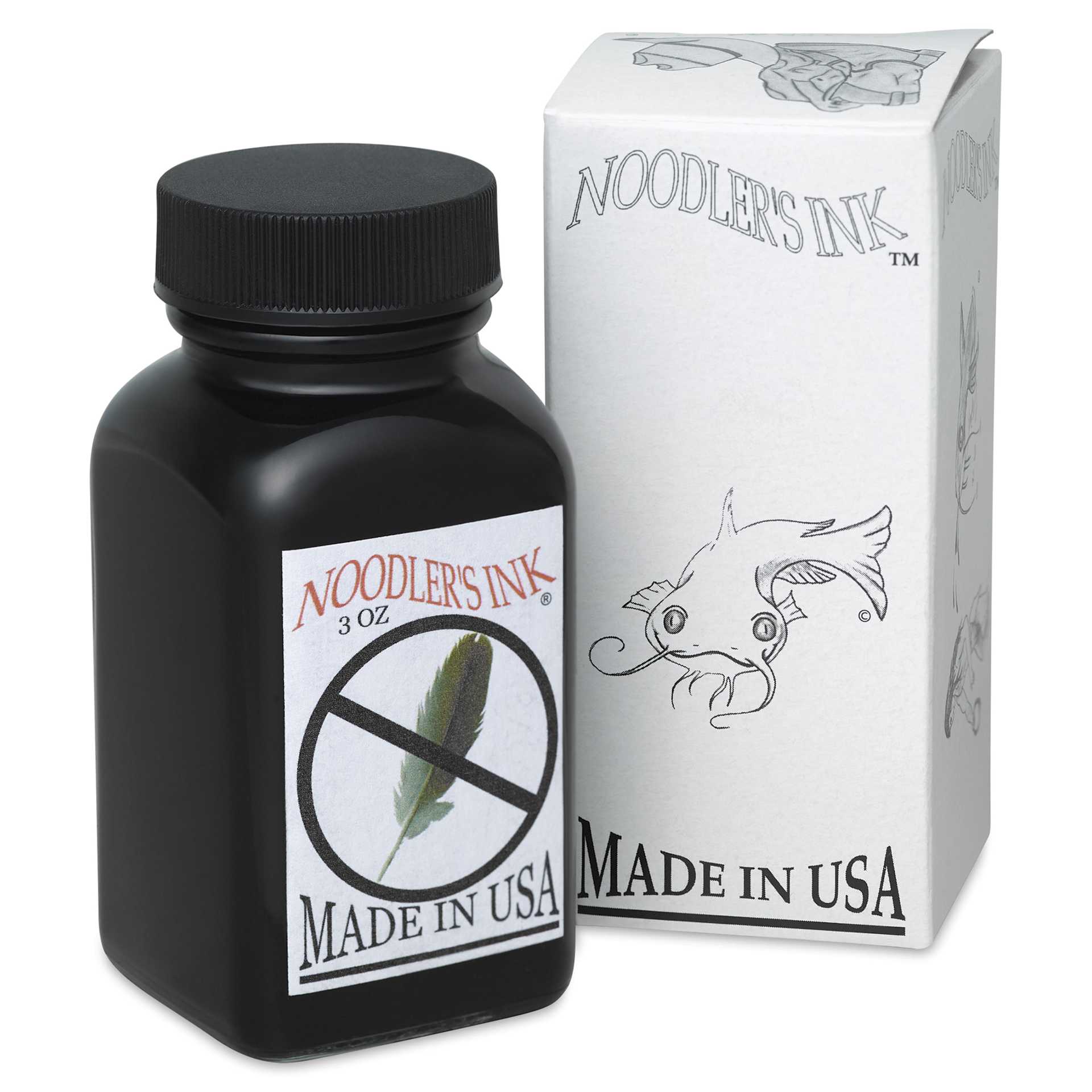 Noodler's Ink Fountain Pen Ink - X-Feather Black, bottle next to packaging box