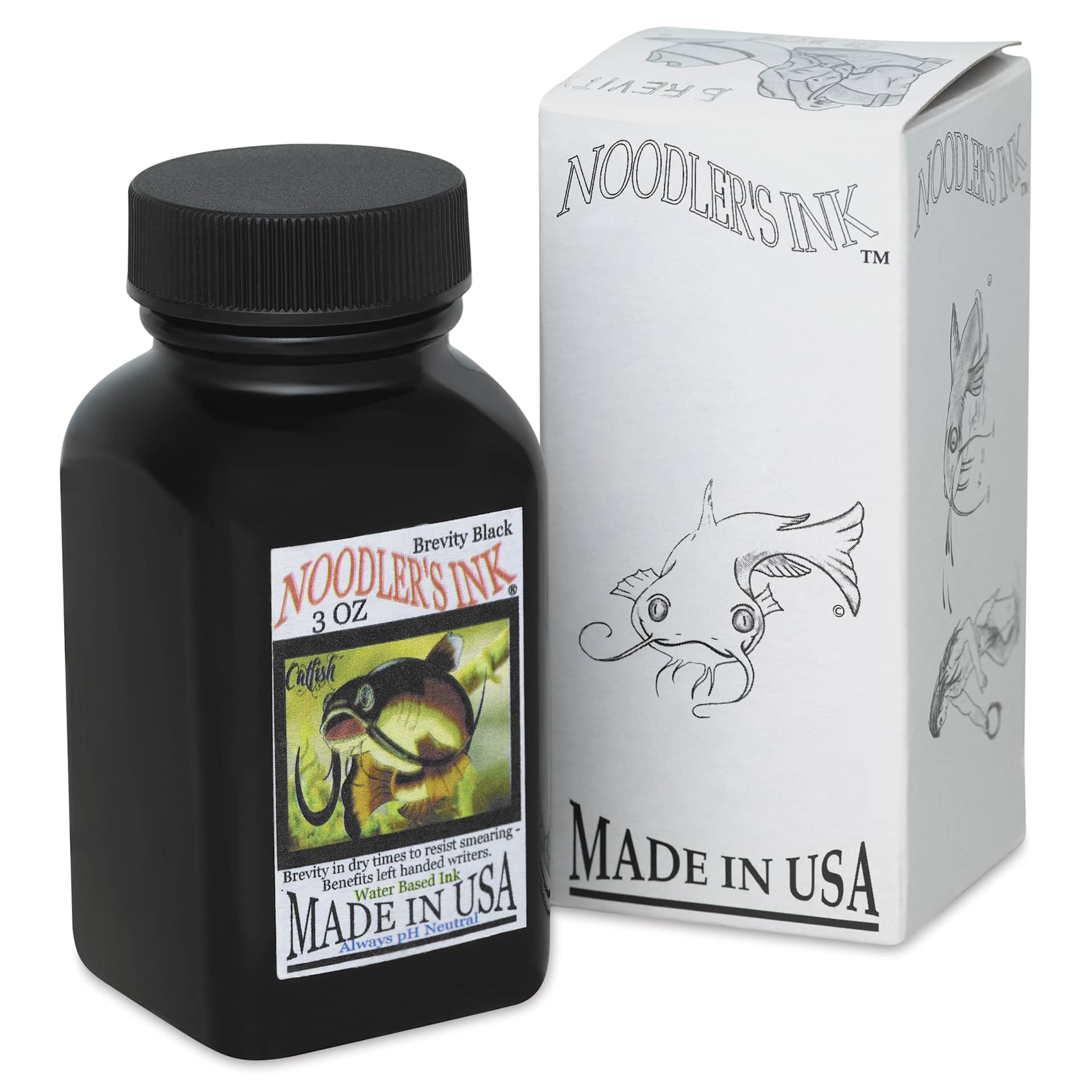 Noodler's Ink Fountain Pen Ink - Brevity Black, bottle next to packaging box