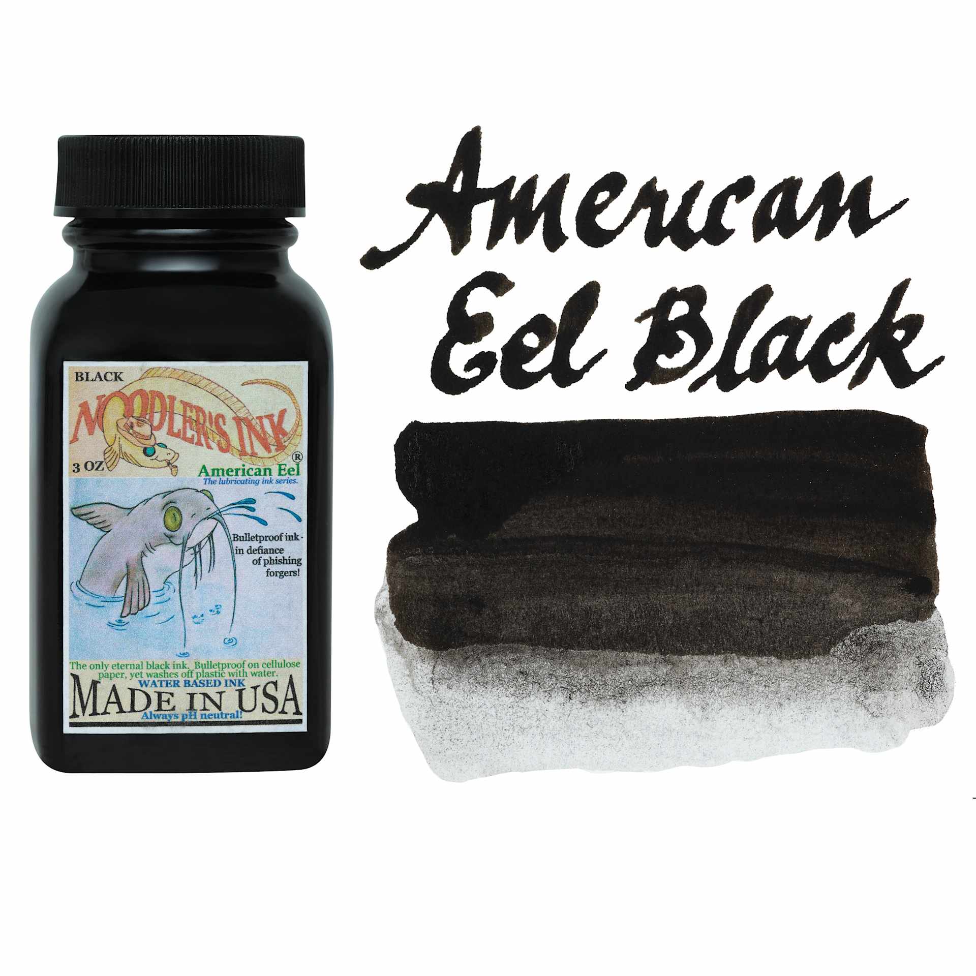 Noodler's Ink Fountain Pen Ink - Eel Black, swatch and bottle