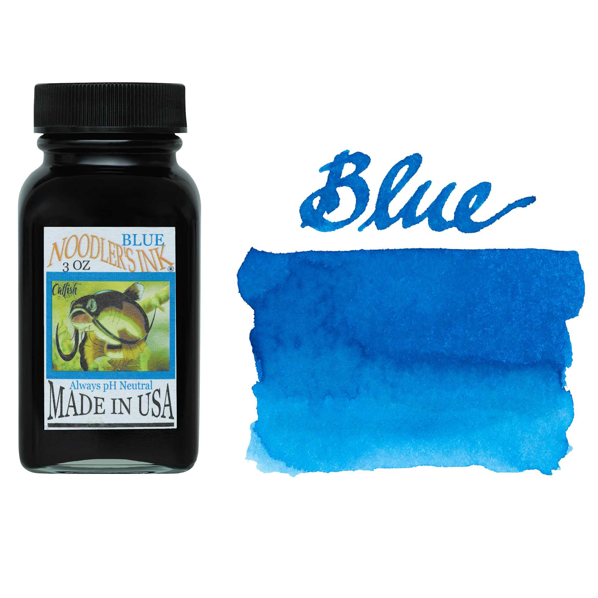 Noodler's Ink Fountain Pen Ink - Blue, swatch and bottle