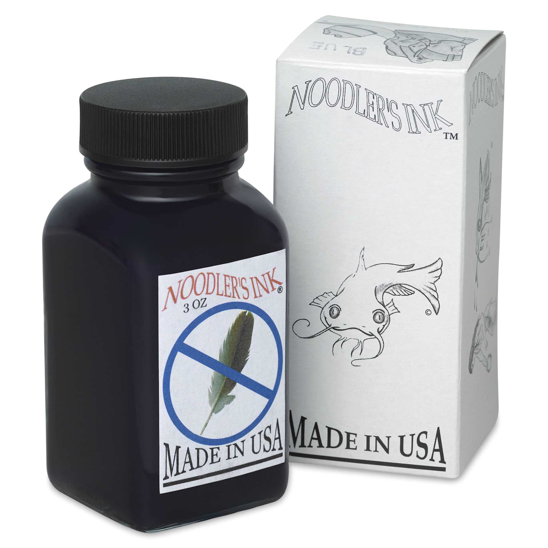 Noodler's Ink Fountain Pen Ink - X-Feather Blue, bottle next too packaging box