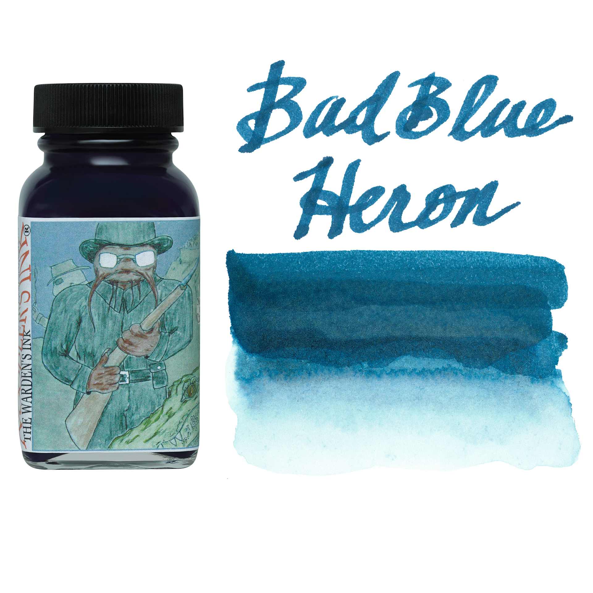 Noodler's Ink Fountain Pen Ink - Bad Blue Heron, swatch and bottle