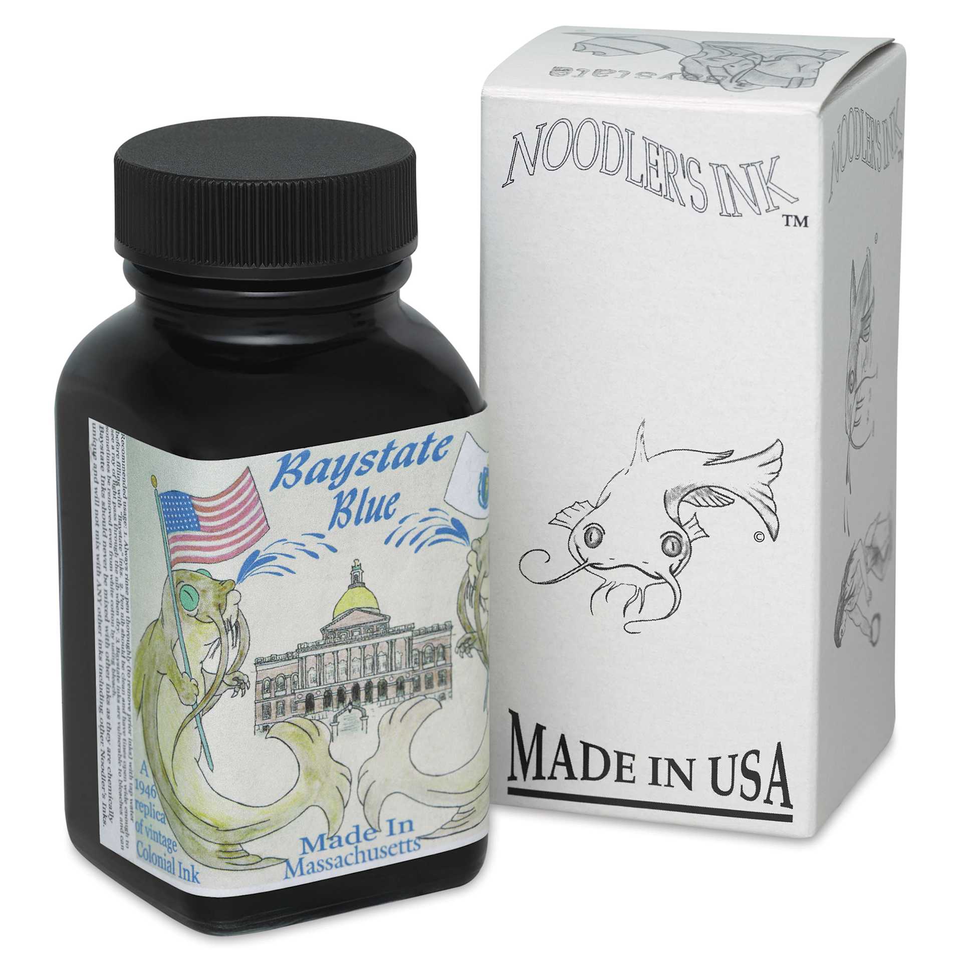 Noodler's Ink Fountain Pen Ink - Baystate Blue, bottle next to packaging box