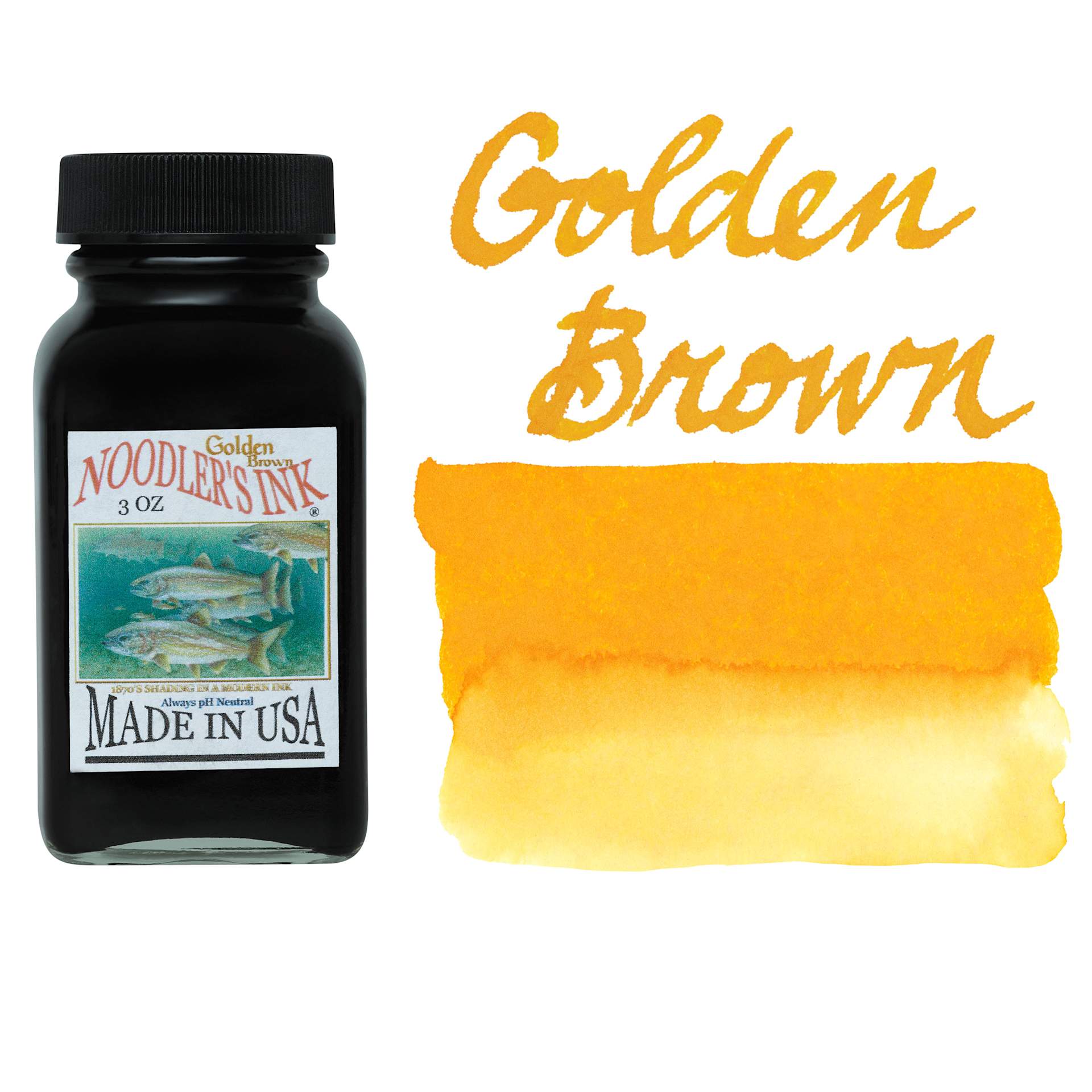 Noodler's Ink Fountain Pen Ink - Golden Brown, swatch and bottle