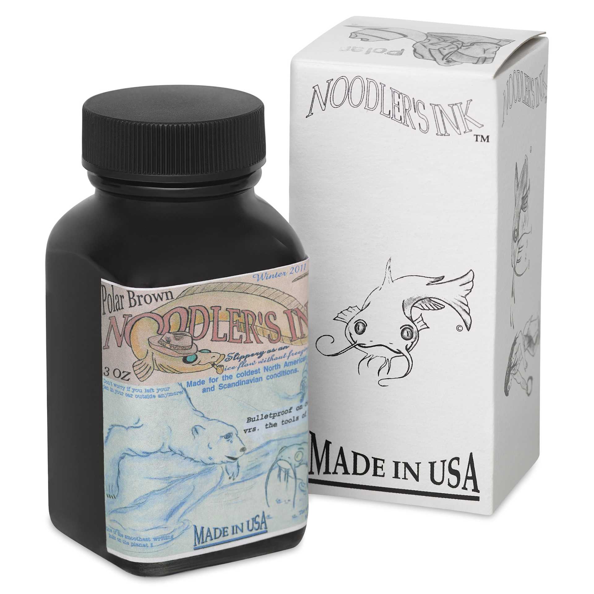 Noodler's Ink Fountain Pen Ink - Eternal Polar Brown, bottle next to the packaging box